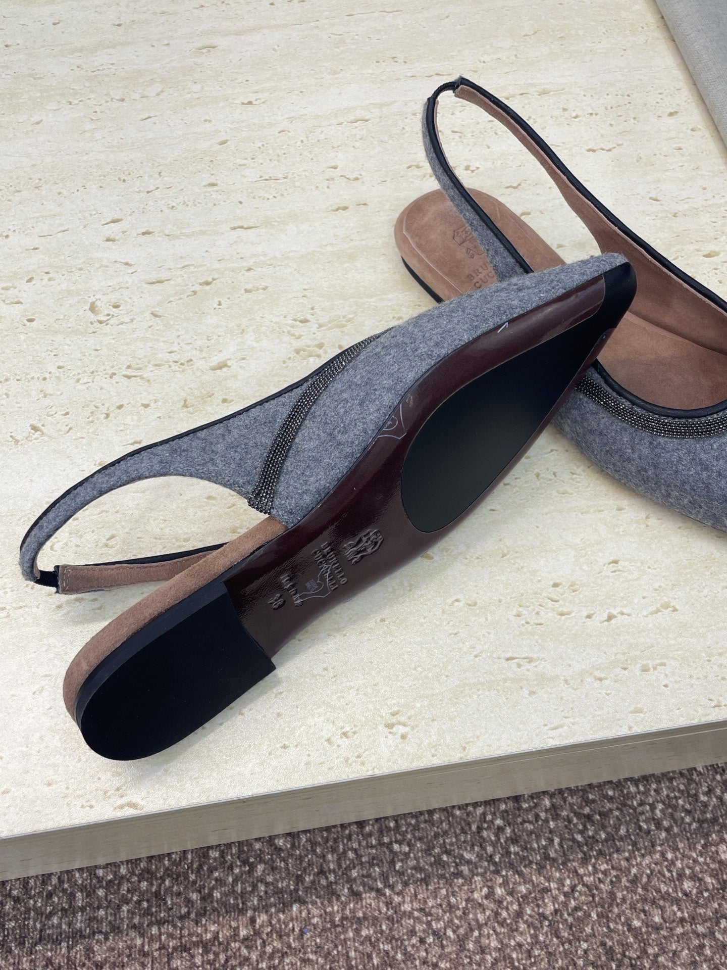 Brunello Twill Slingback Flats Grey Fabric 607028