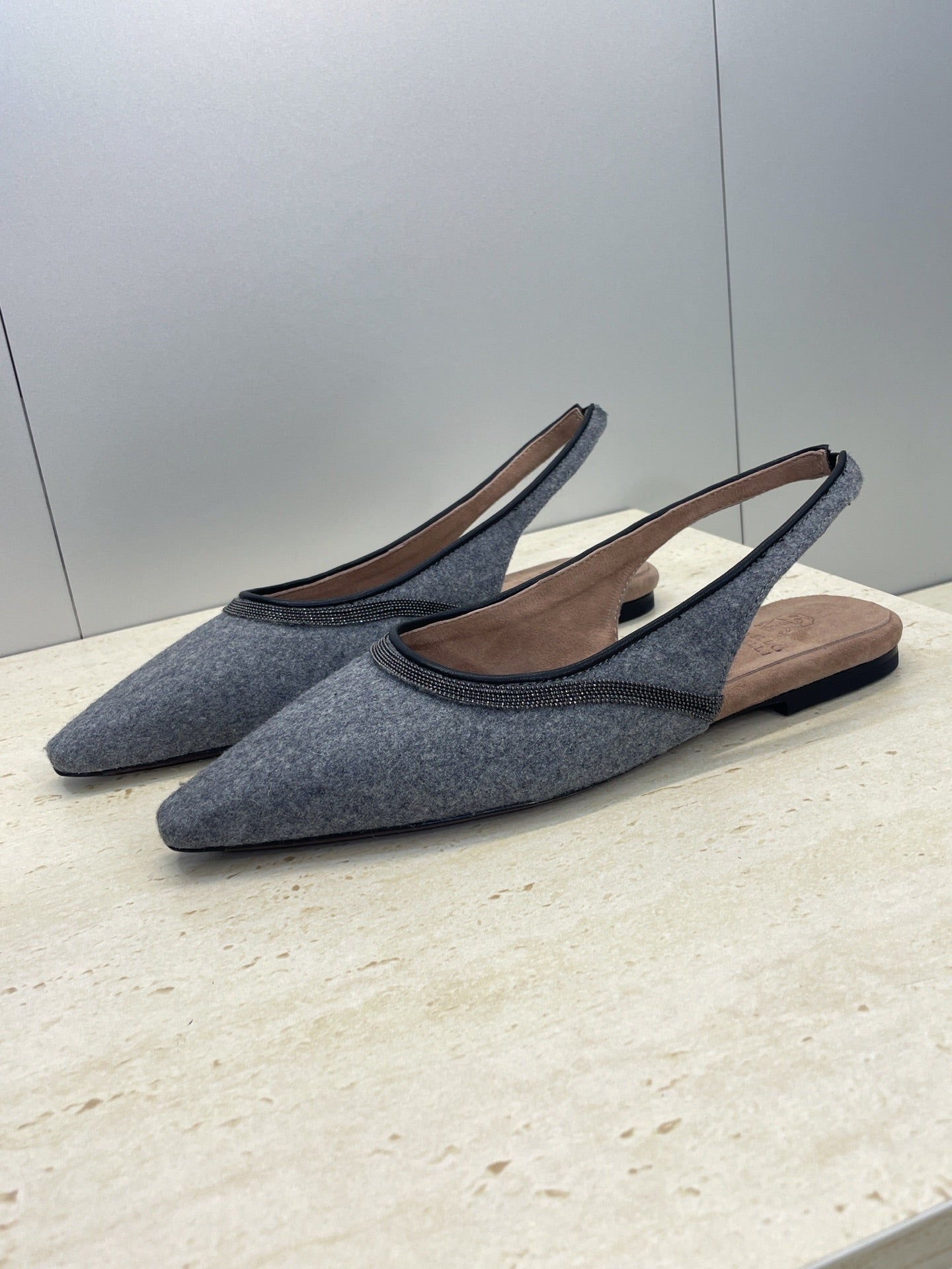 Brunello Twill Slingback Flats Grey Fabric 607028