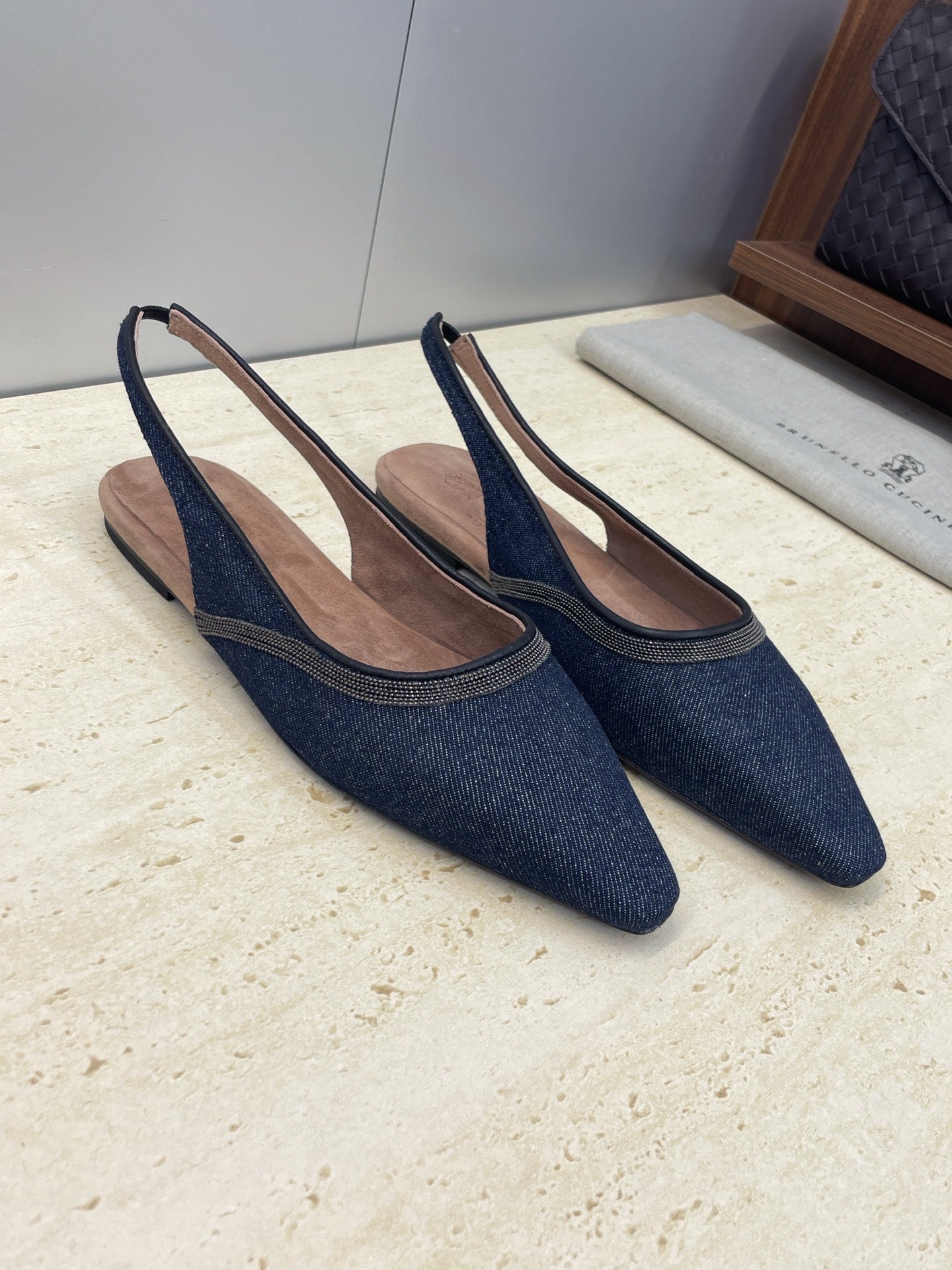 Brunello Twill Slingback Flats Black Denim 607029