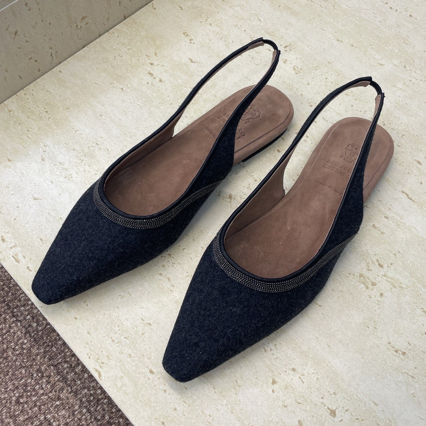 Brunello Twill Slingback Flats Black Fabric 607030
