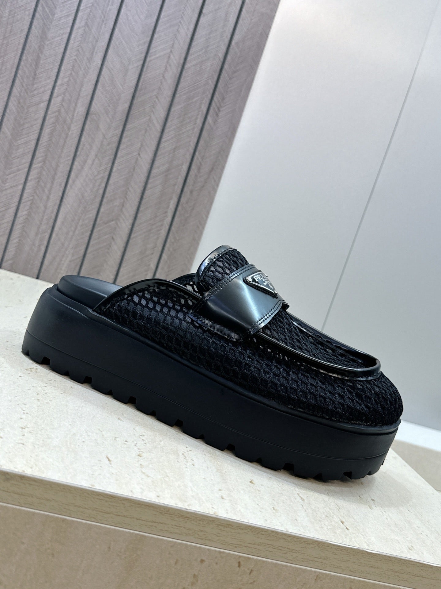 Prada 26s Mule Loafers In Black Mesh And Calfskin