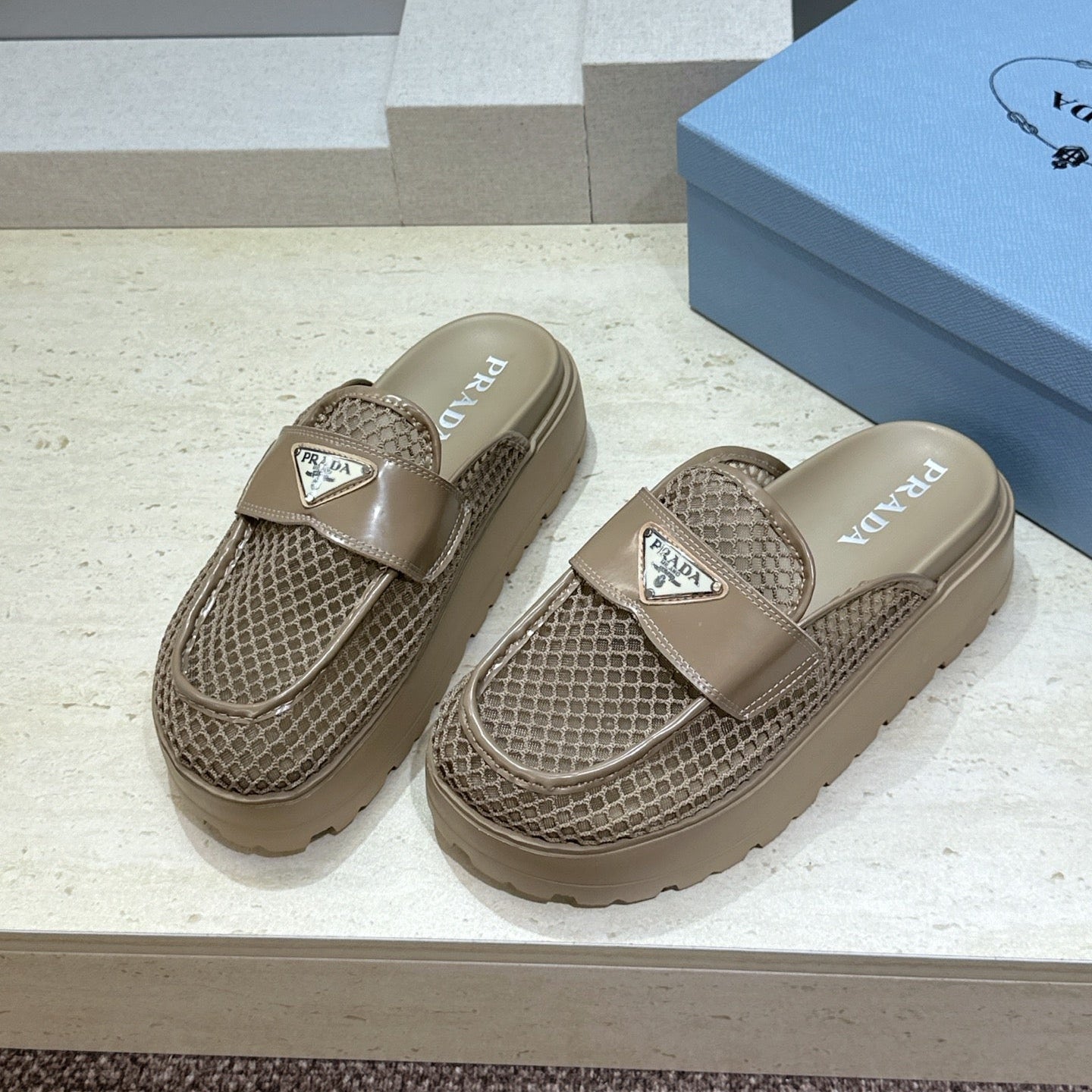 Prada 26s Mule Loafers In Brown Mesh And Calfskin