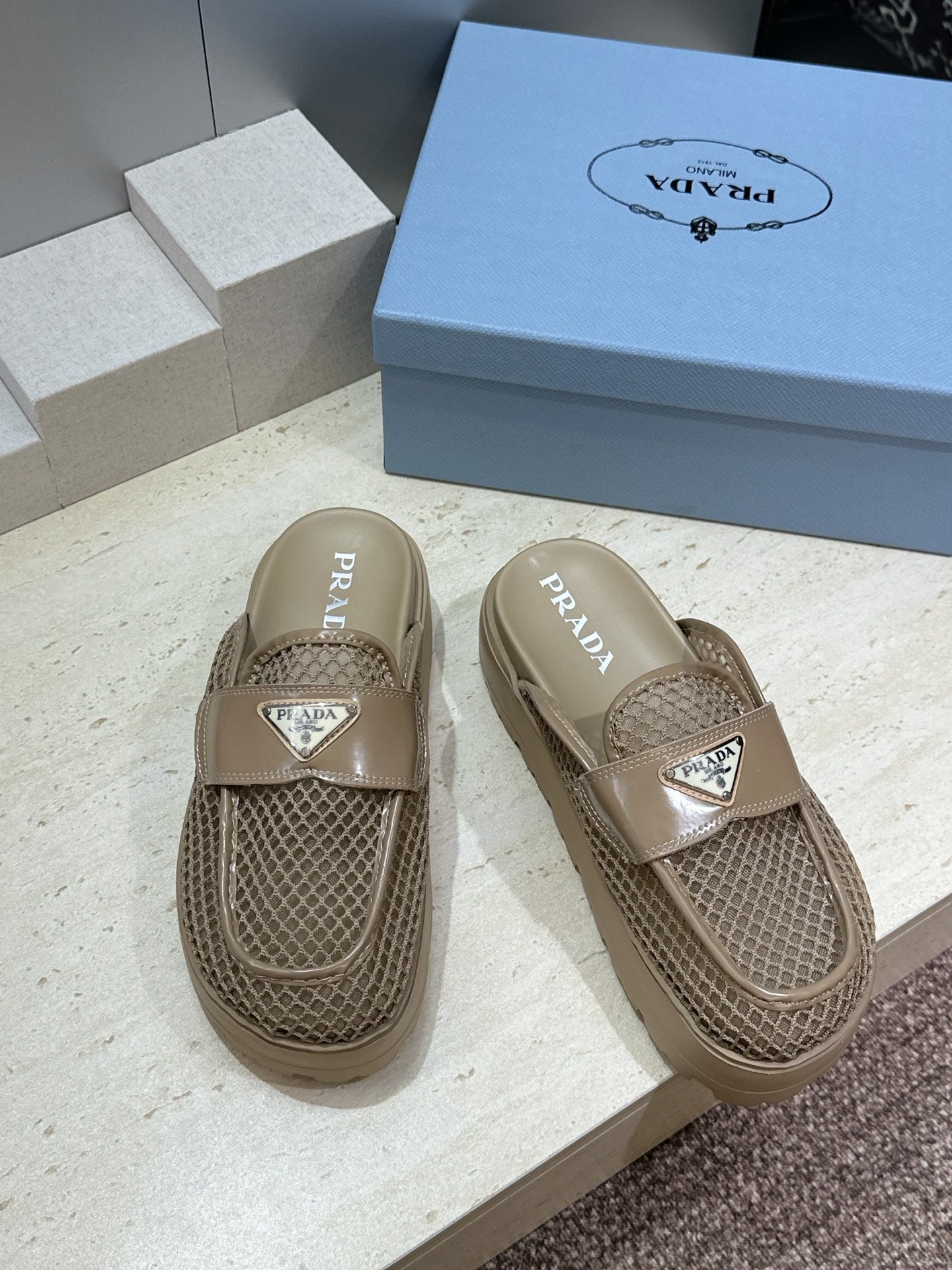 Prada 26s Mule Loafers In Brown Mesh And Calfskin