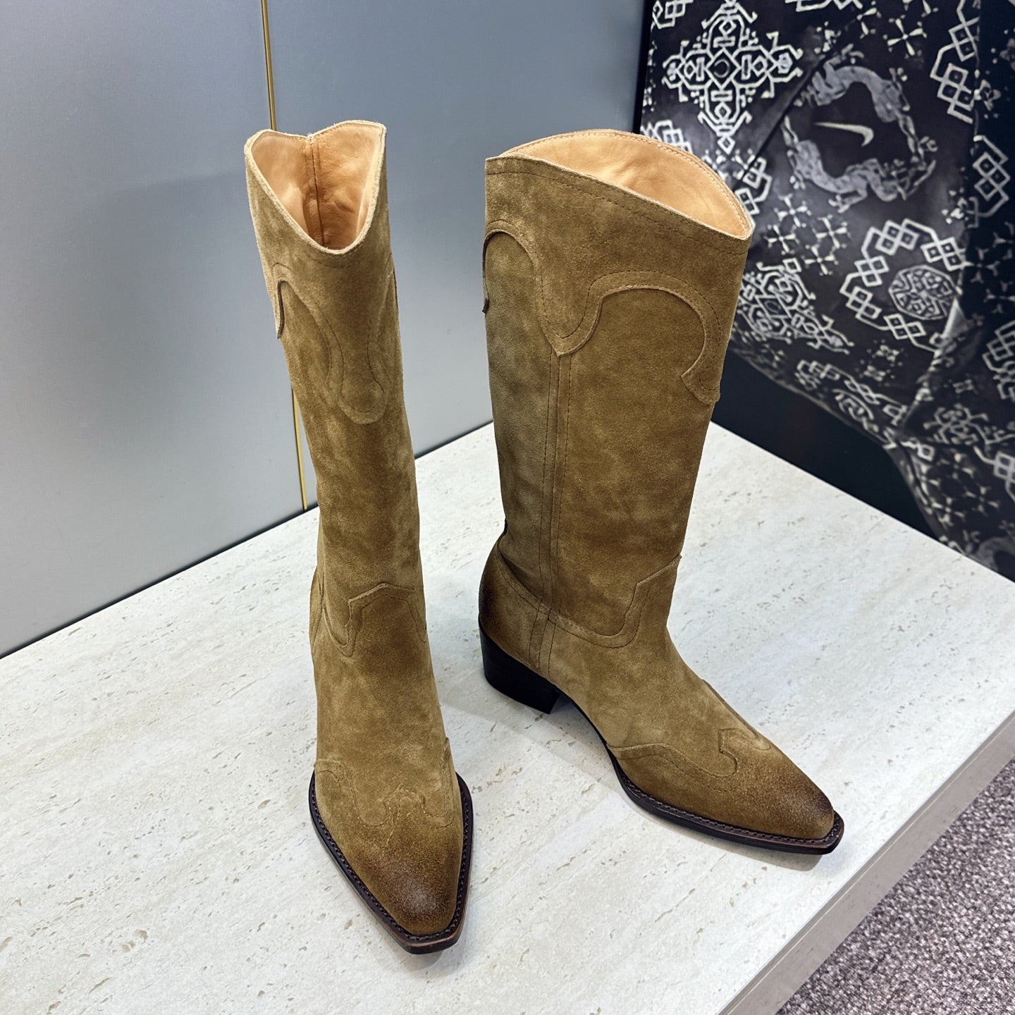 Celine 26s Mid-Calf Boots 4.5cm Khaki Suede 959447