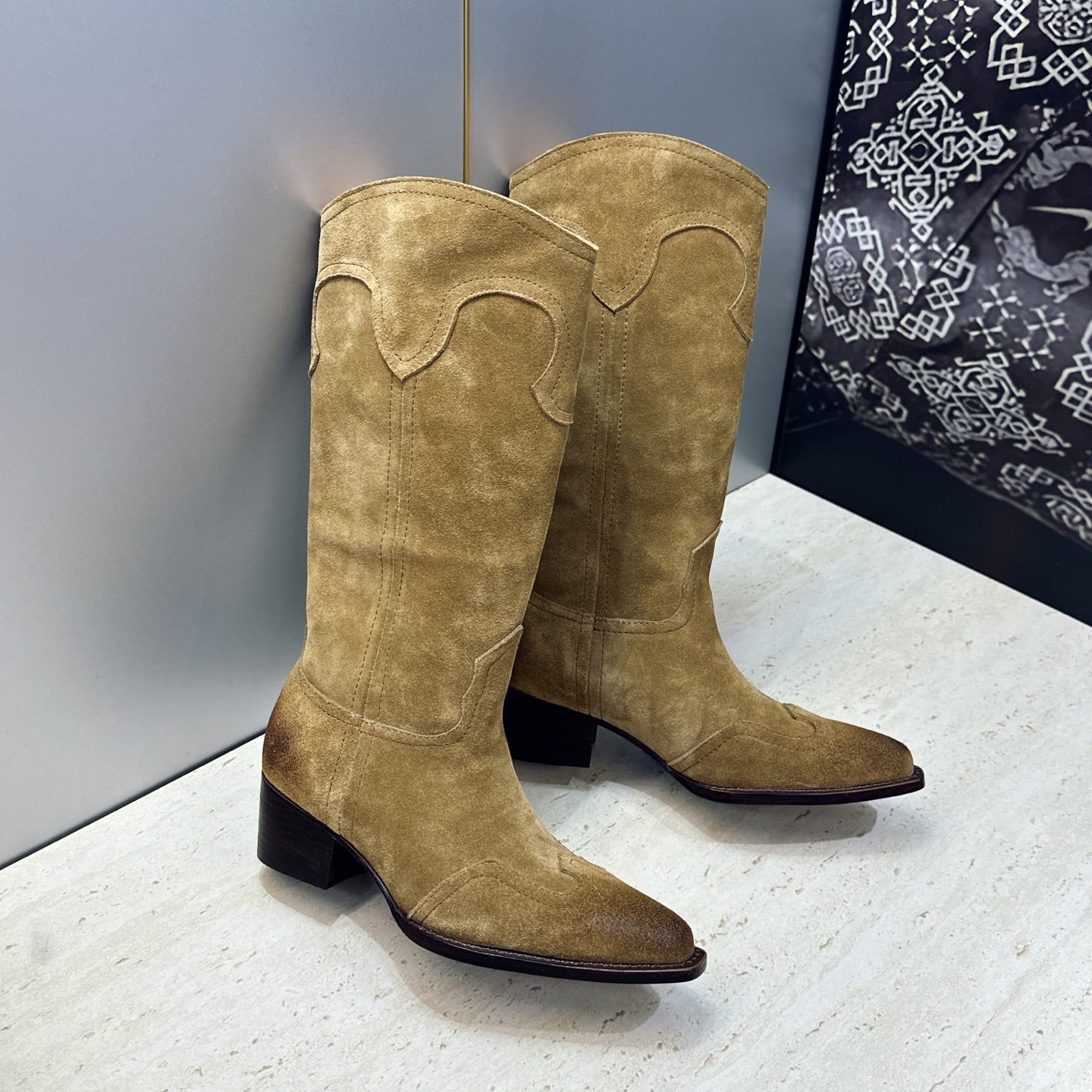 Celine 26s Mid-Calf Boots 4.5cm Khaki Suede 959447