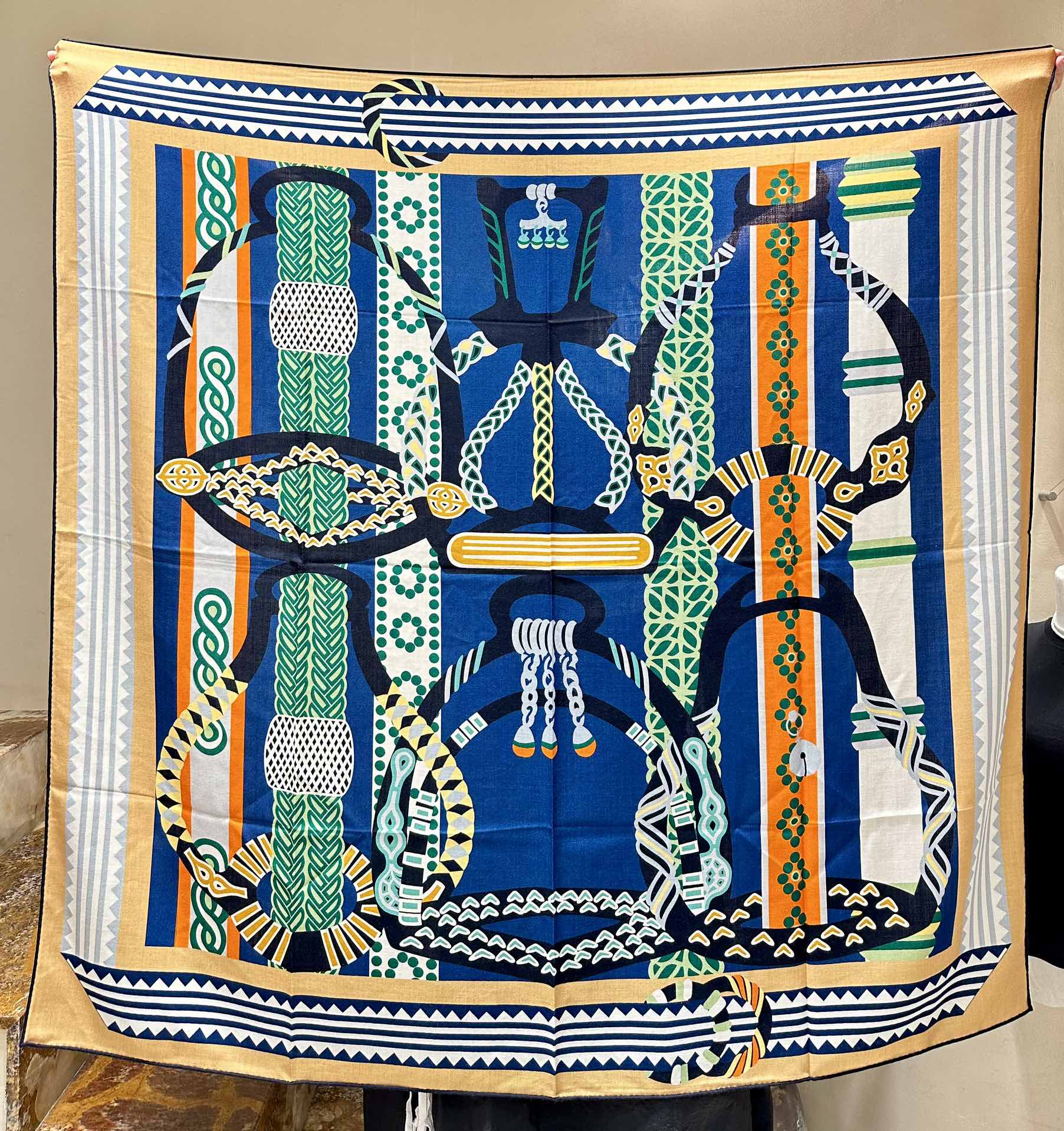 Fantaisie d'Etriers Scarf 140 CM Green Mix Blue Colorful Silk