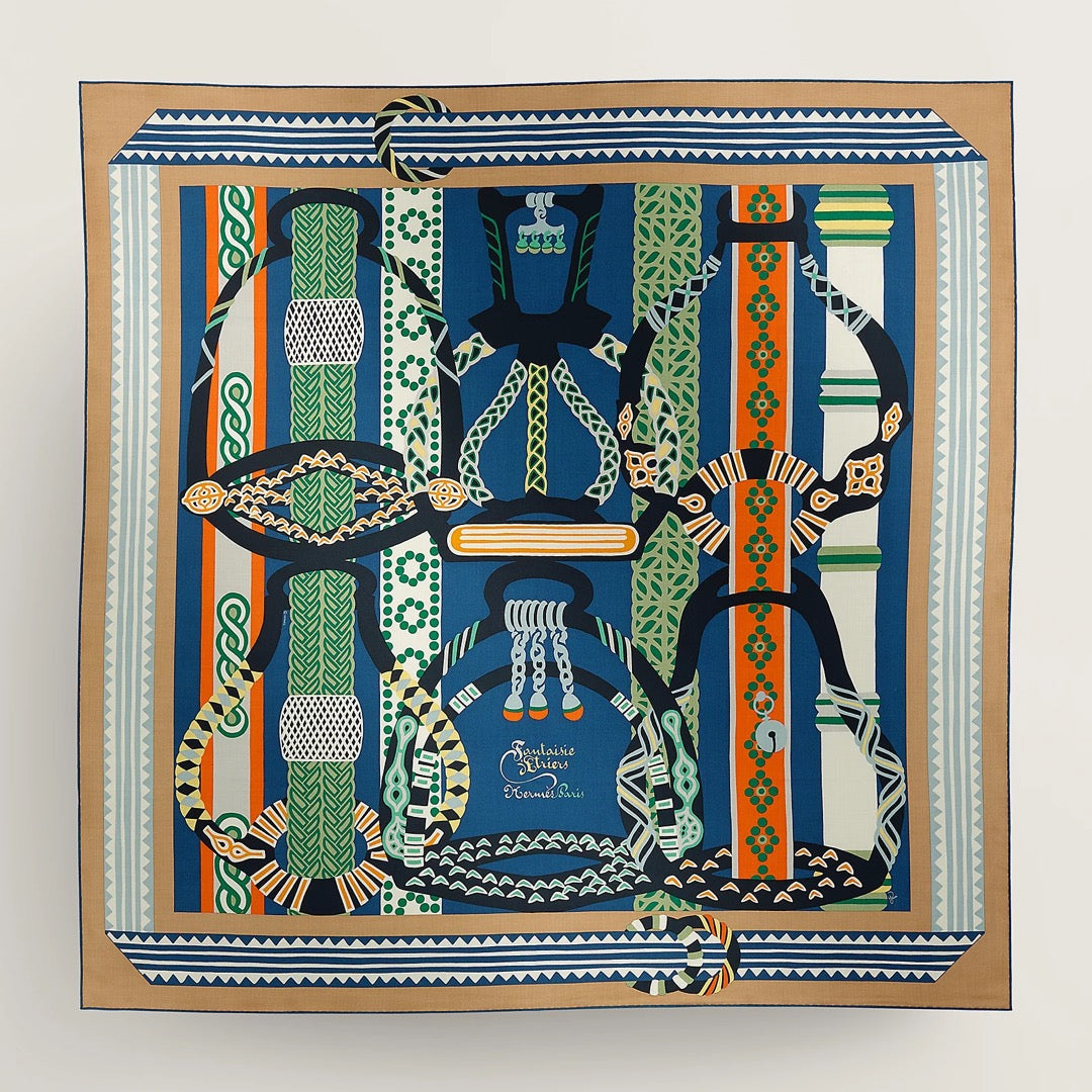 Fantaisie d'Etriers Scarf 140 CM Green Mix Blue Colorful Silk