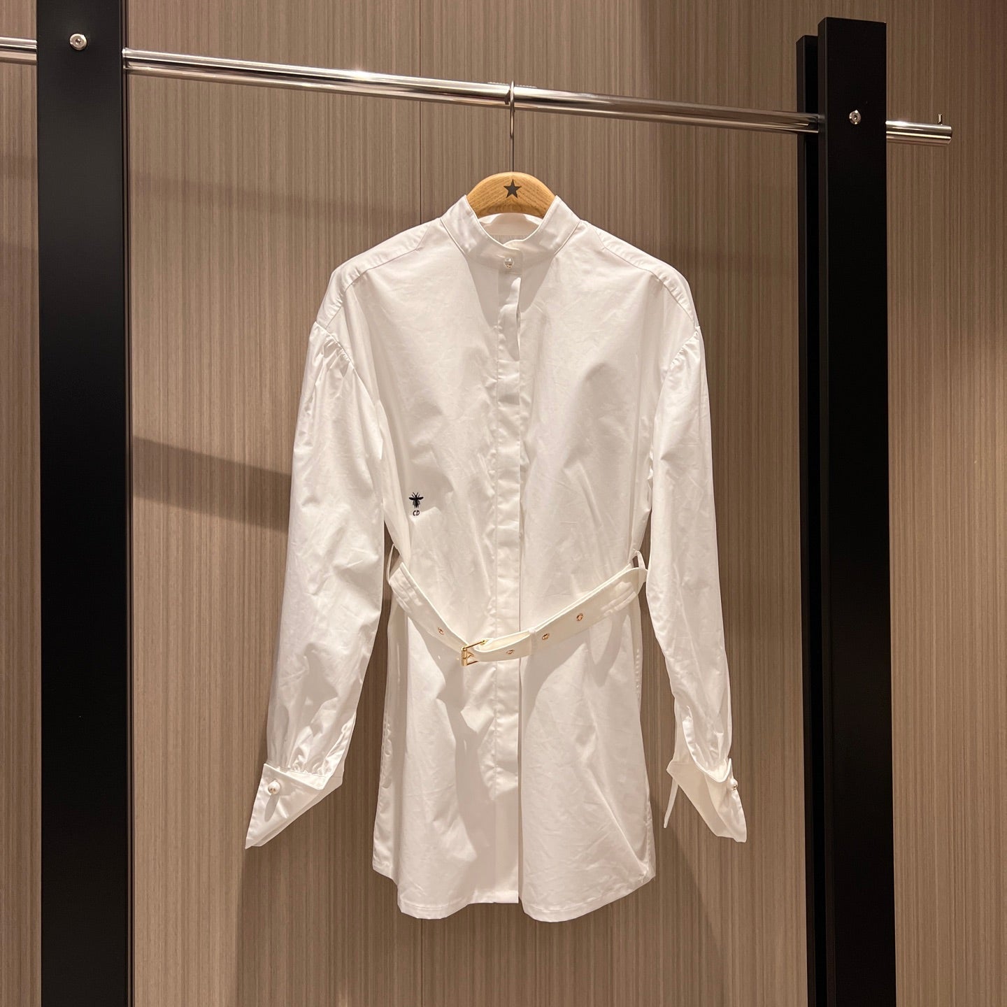 CD Stand-up Collar Long-sleeved Shirt Dress White Cotton
