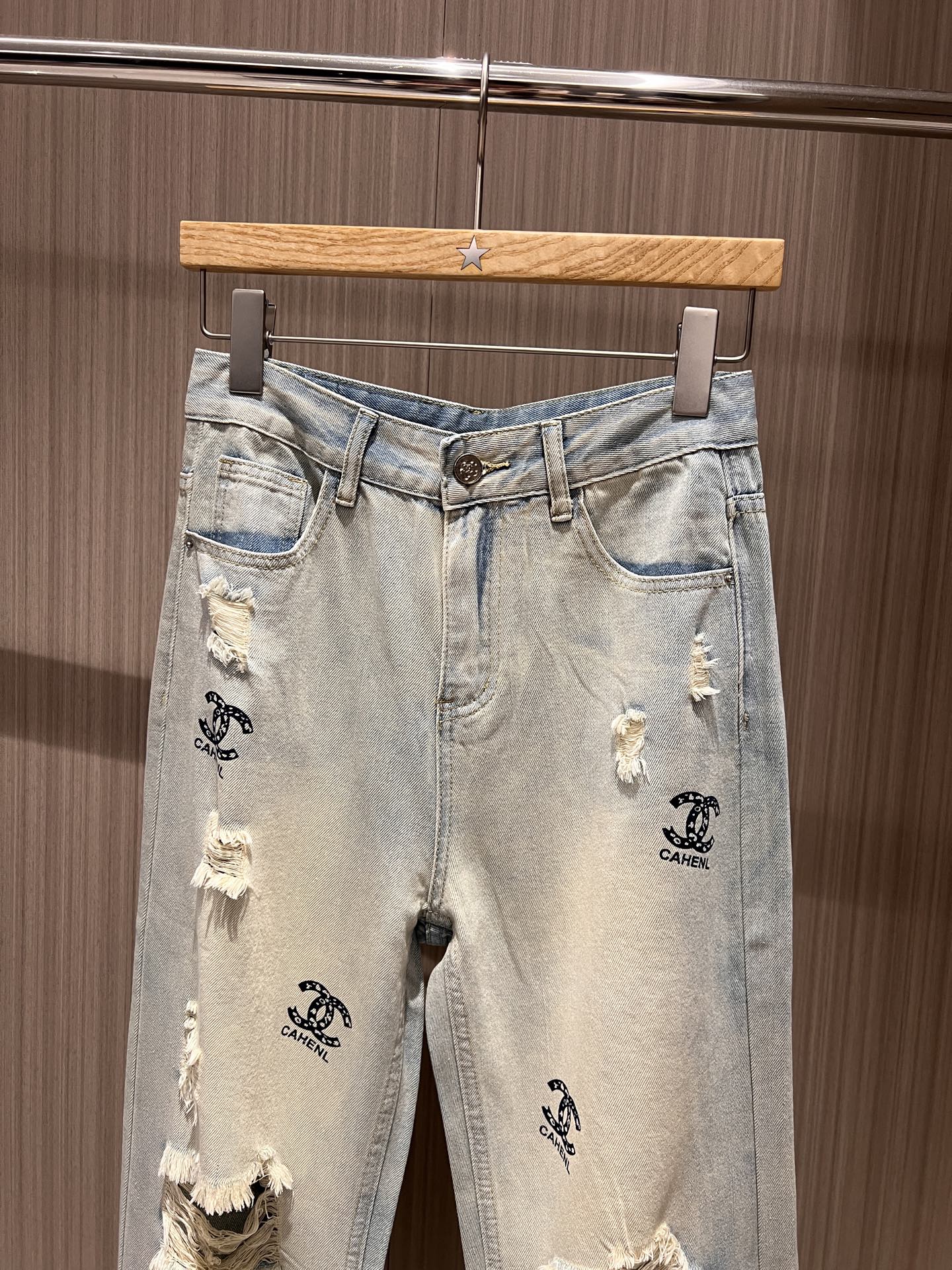 CC Double C Printed Ripped Jeans Retro Light Blue Cotton