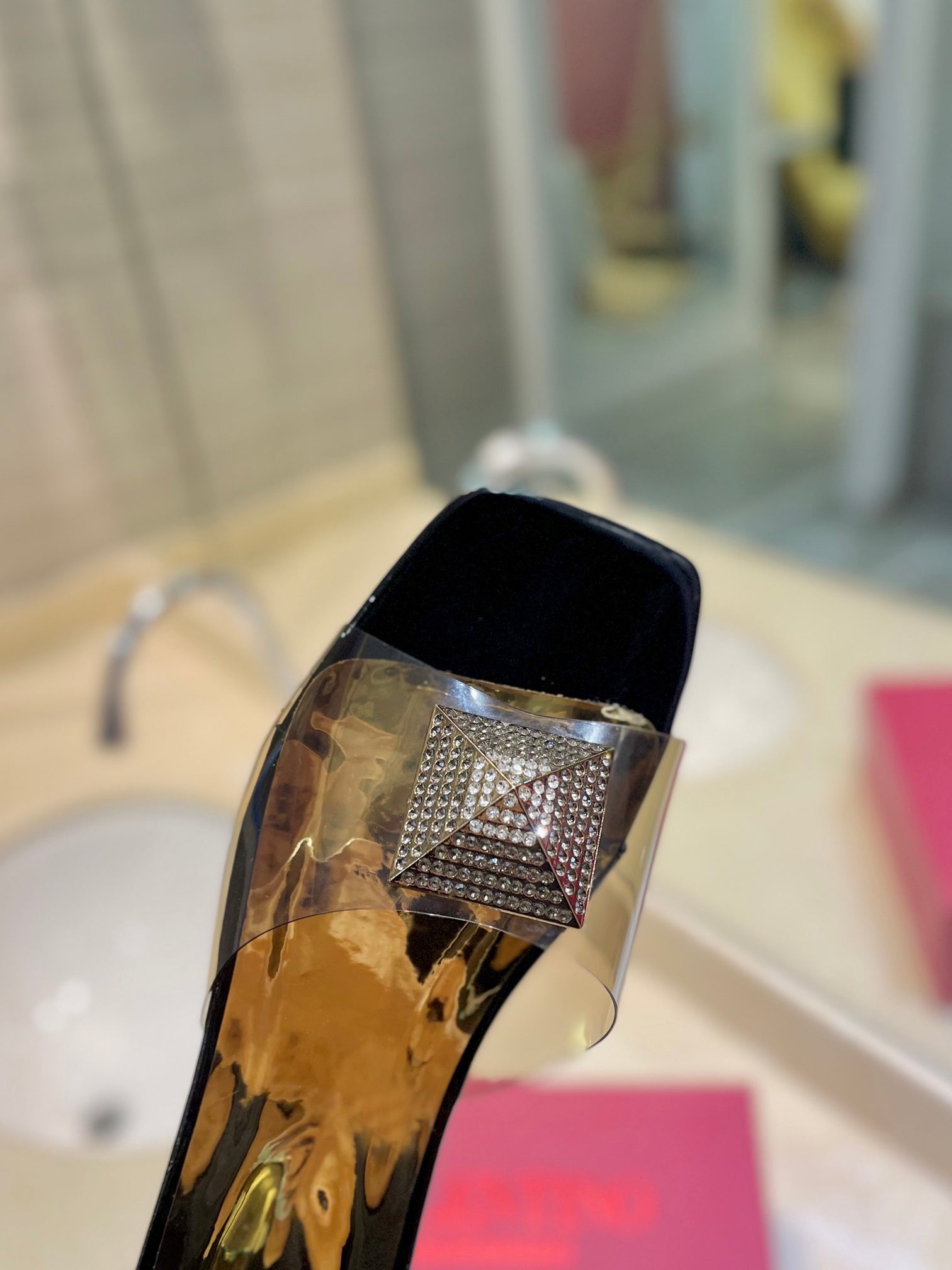 Valentino 26s Flat Slides Black Mix Gold Lambskin With Crystal