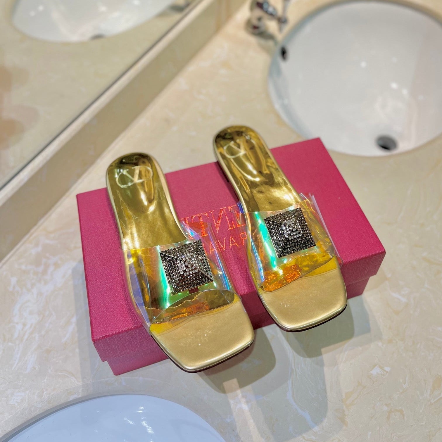 Valentino 26s Flat Slides Gold Lambskin With Crystal