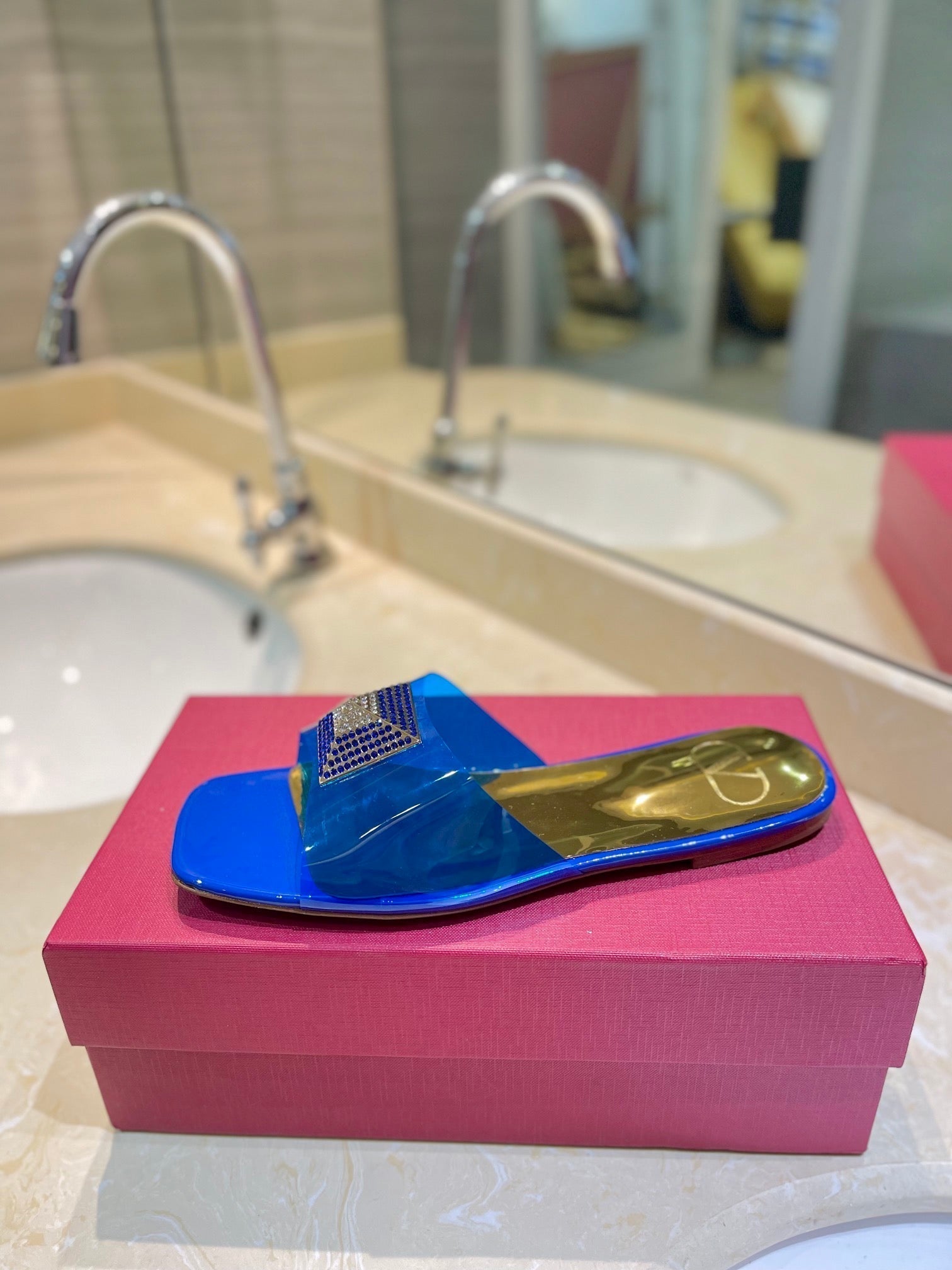 Valentino 26s Flat Slides Blue Mix Gold Lambskin With Crystal