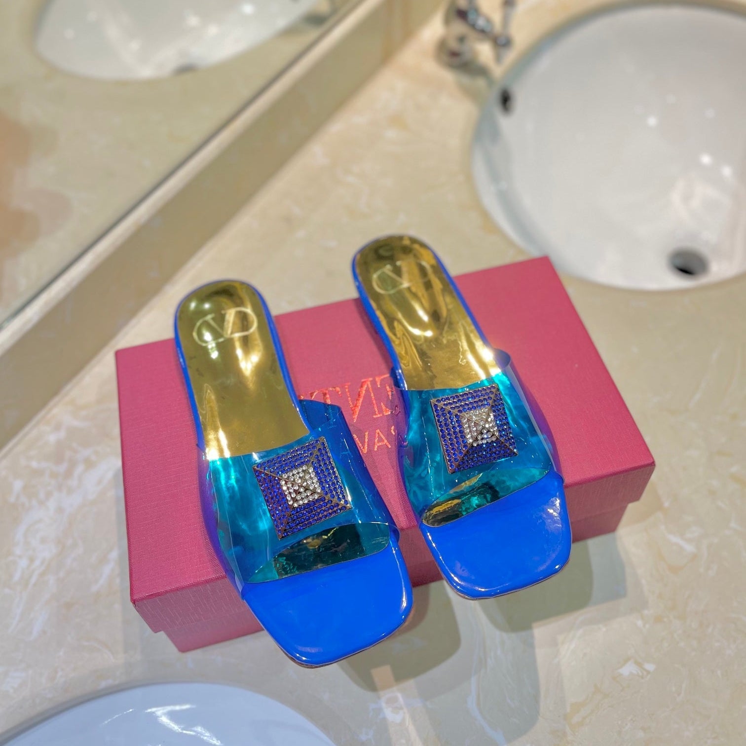 Valentino 26s Flat Slides Blue Mix Gold Lambskin With Crystal