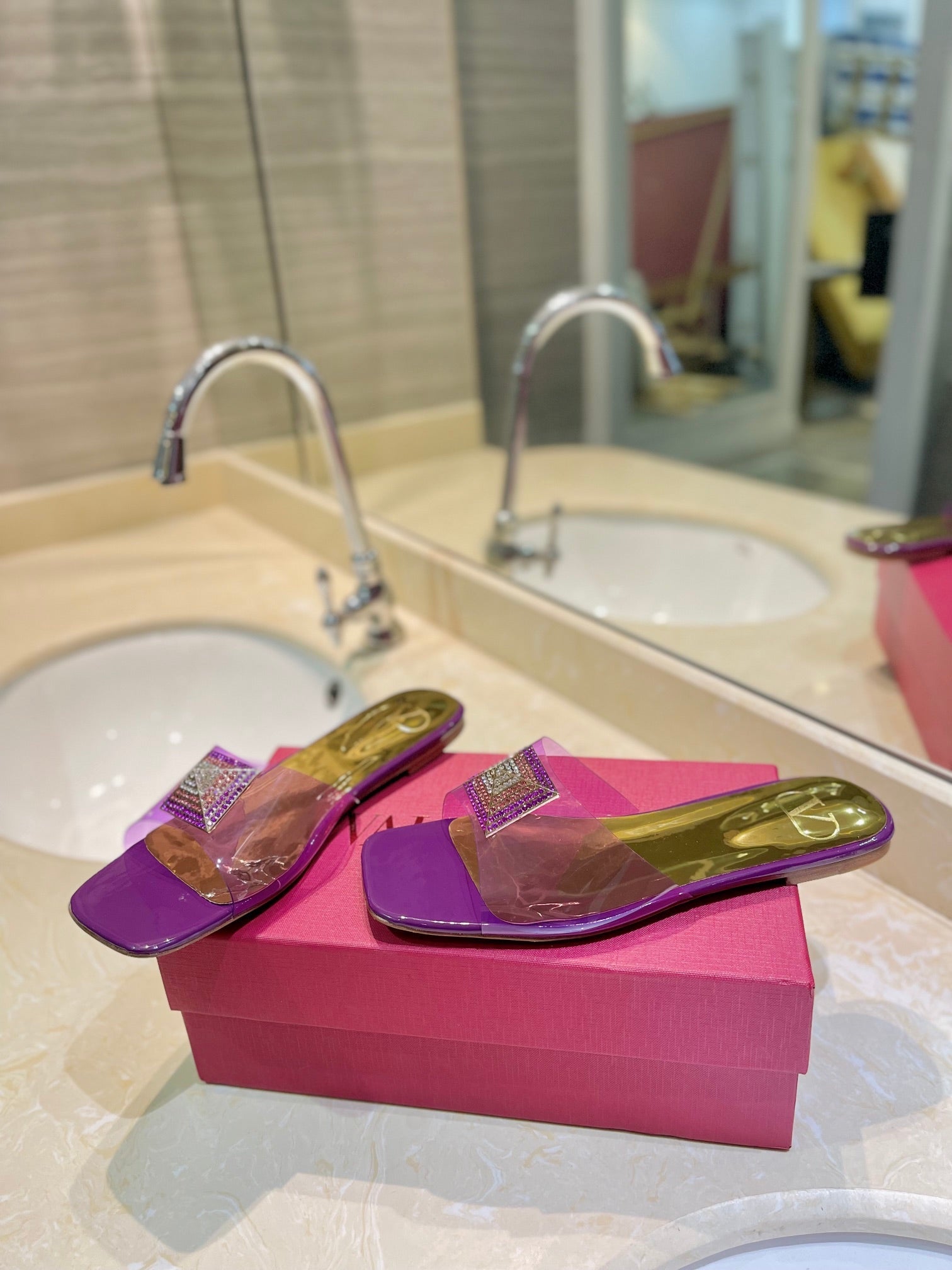 Valentino 26s Flat Slides Purple Mix Gold Lambskin With Crystal