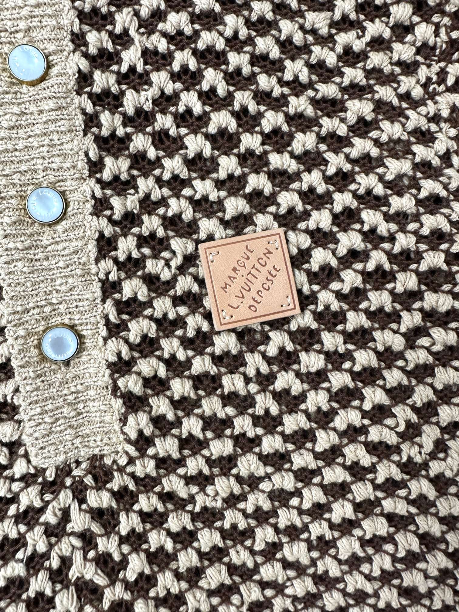 LV Short-Sleeved Knitted Mesh Polo Beige Black Wool