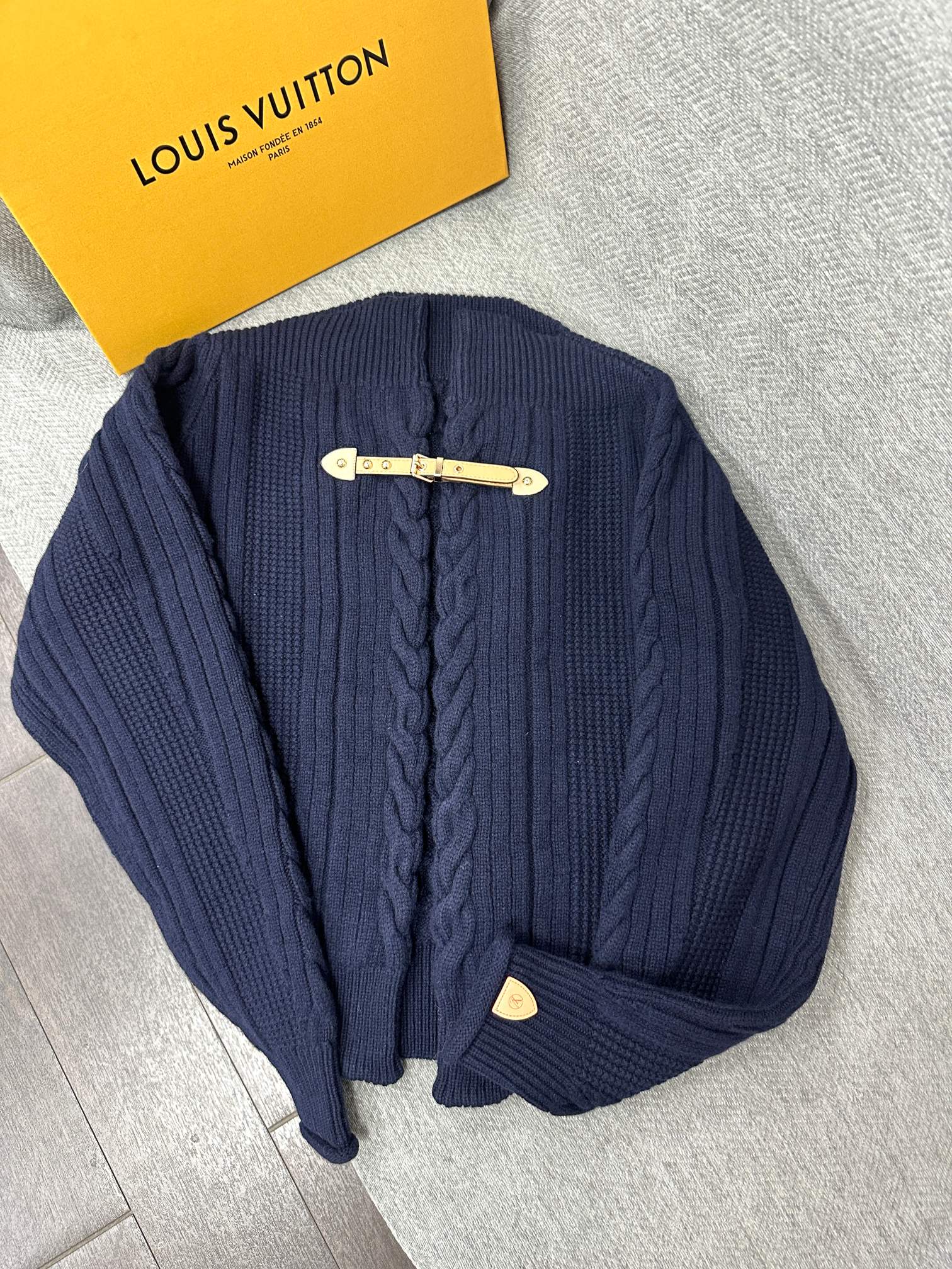 LV Strap Front Cable-Knit Cardigan Dark Blue Wool 349453