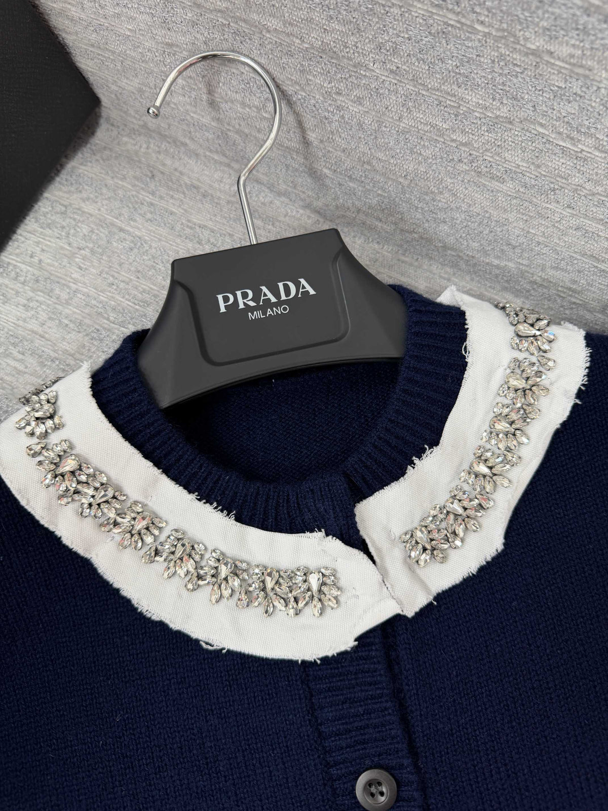 Prada 26s Knit Cardigan Navy Blue Virgin Wool Cashmere Crystal Embellished Collar 442023