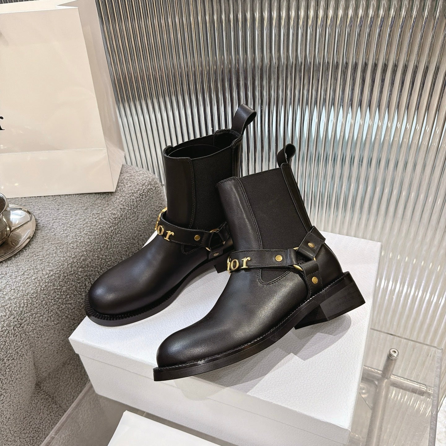 CD 26s Bolt Ankle Boot Black Ribbed Knit Calfskin 924105