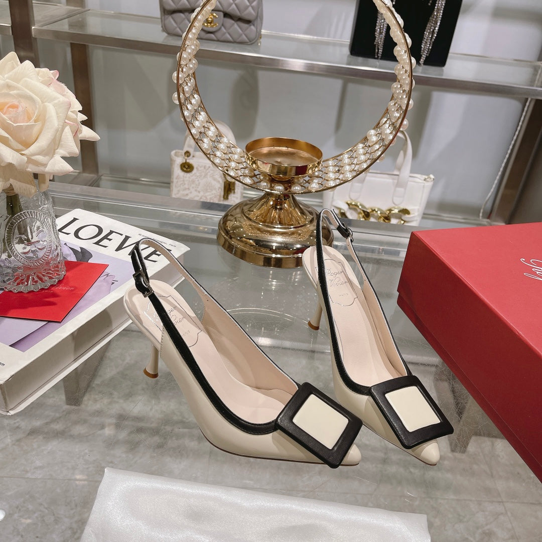 Belle Viv Metal Buckle Slingback Pumps 85 White Black Patent Leather