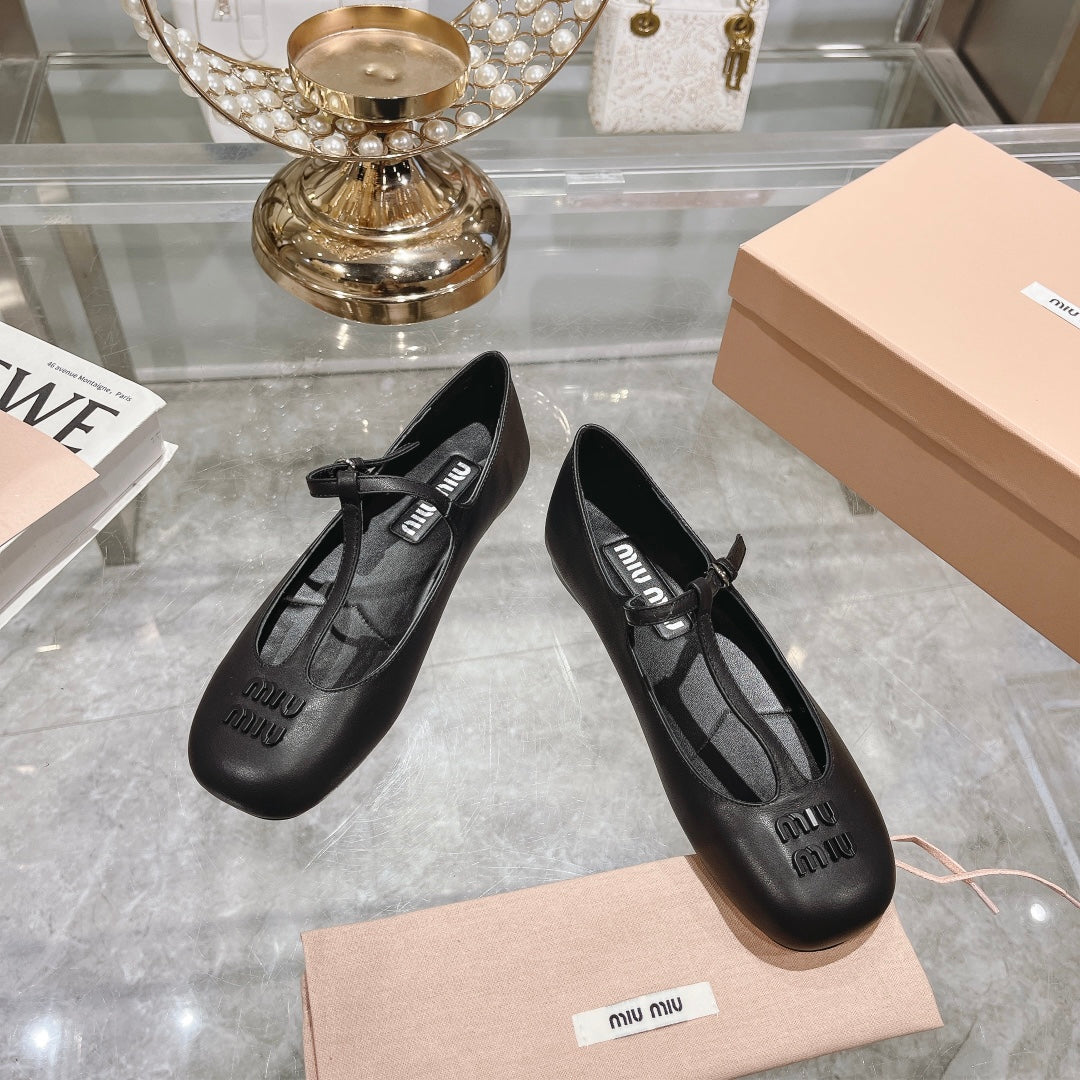 Miu Mary Jane Sandal Black With T - Strap Sheepskin
