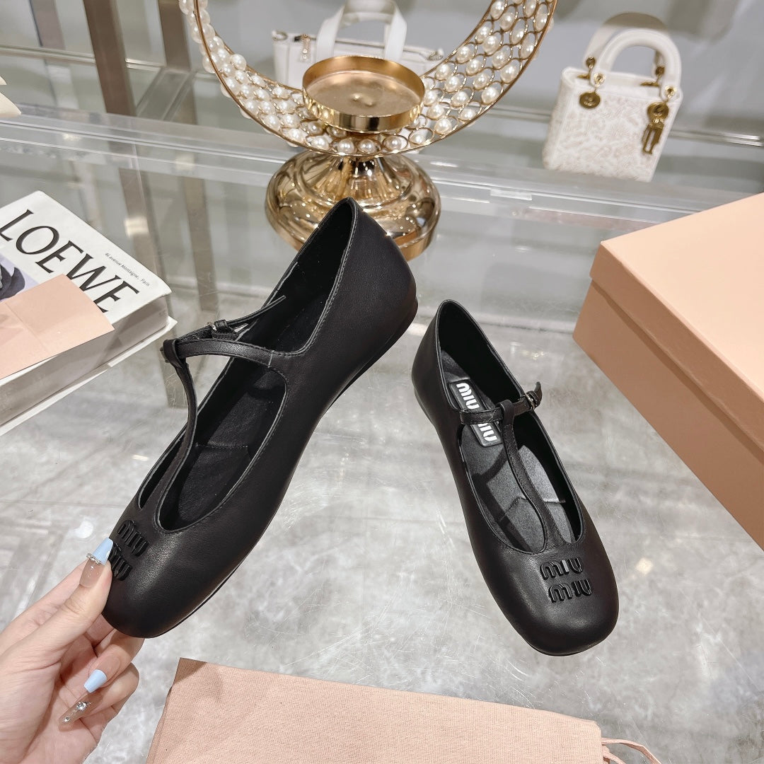 Miu Mary Jane Sandal Black With T - Strap Sheepskin