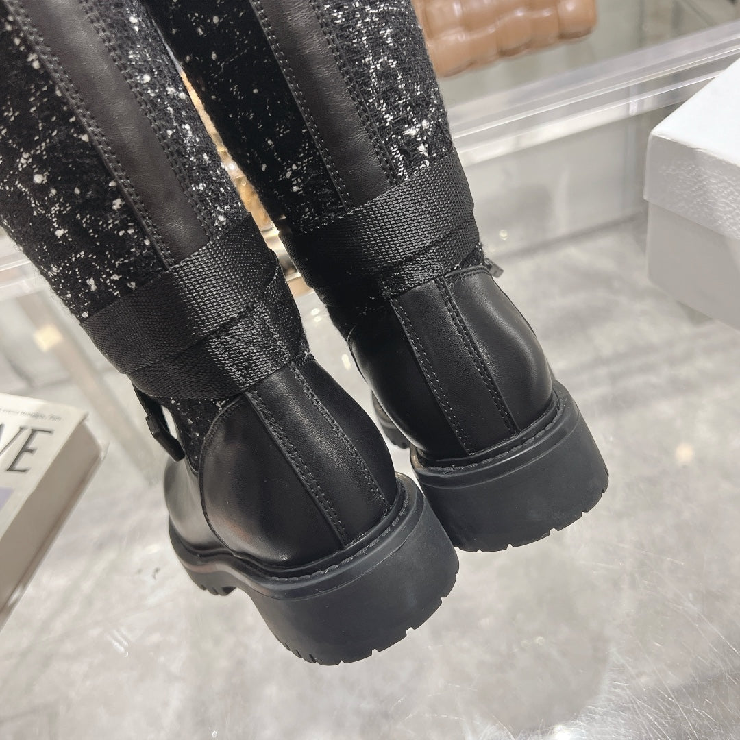 CD D-Major Boot Black Mix White Calfskin And Tweed Fabric