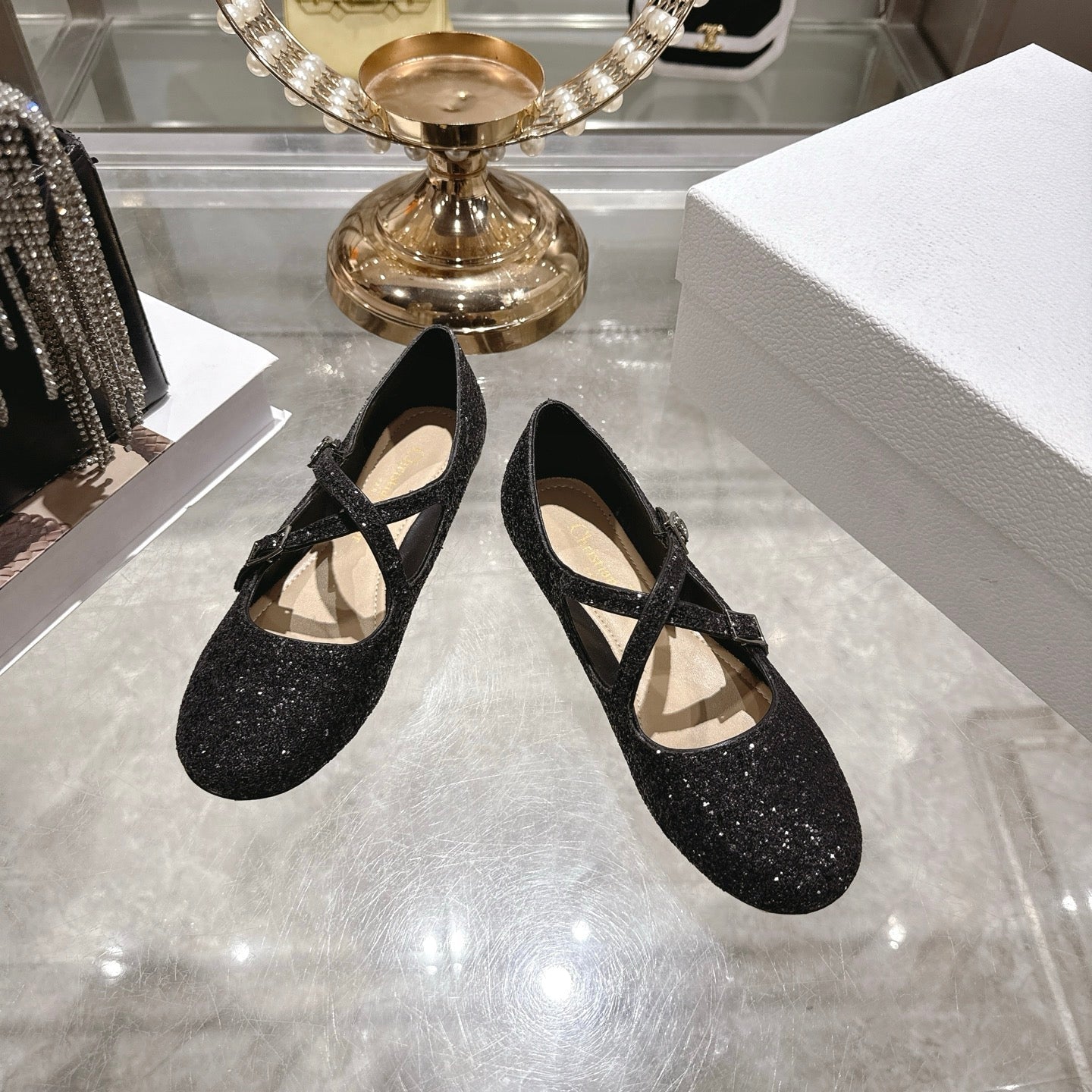 CD Very Ballet Flat Black Lambskin & Glitter 598163