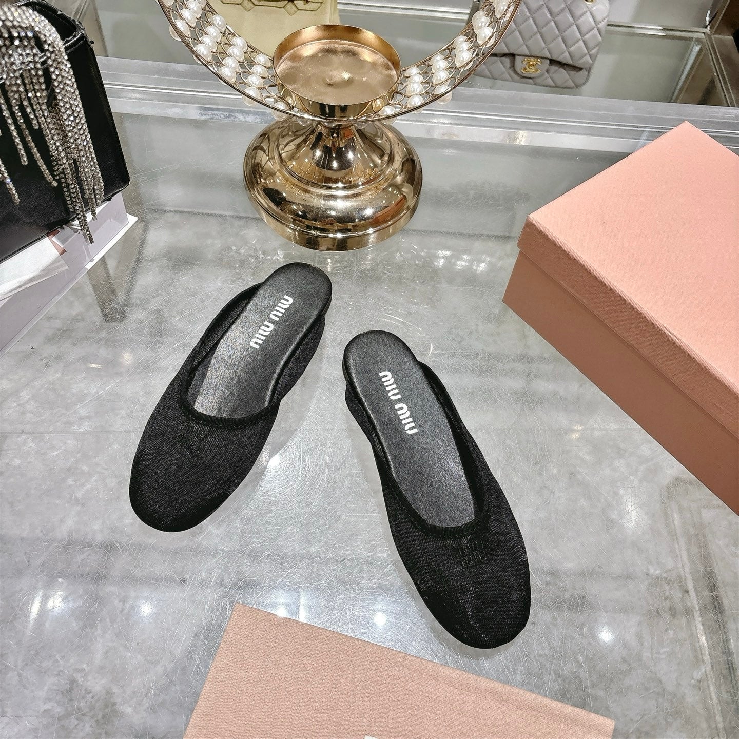 Miu Miu 26s Slippers Black Mesh 679835