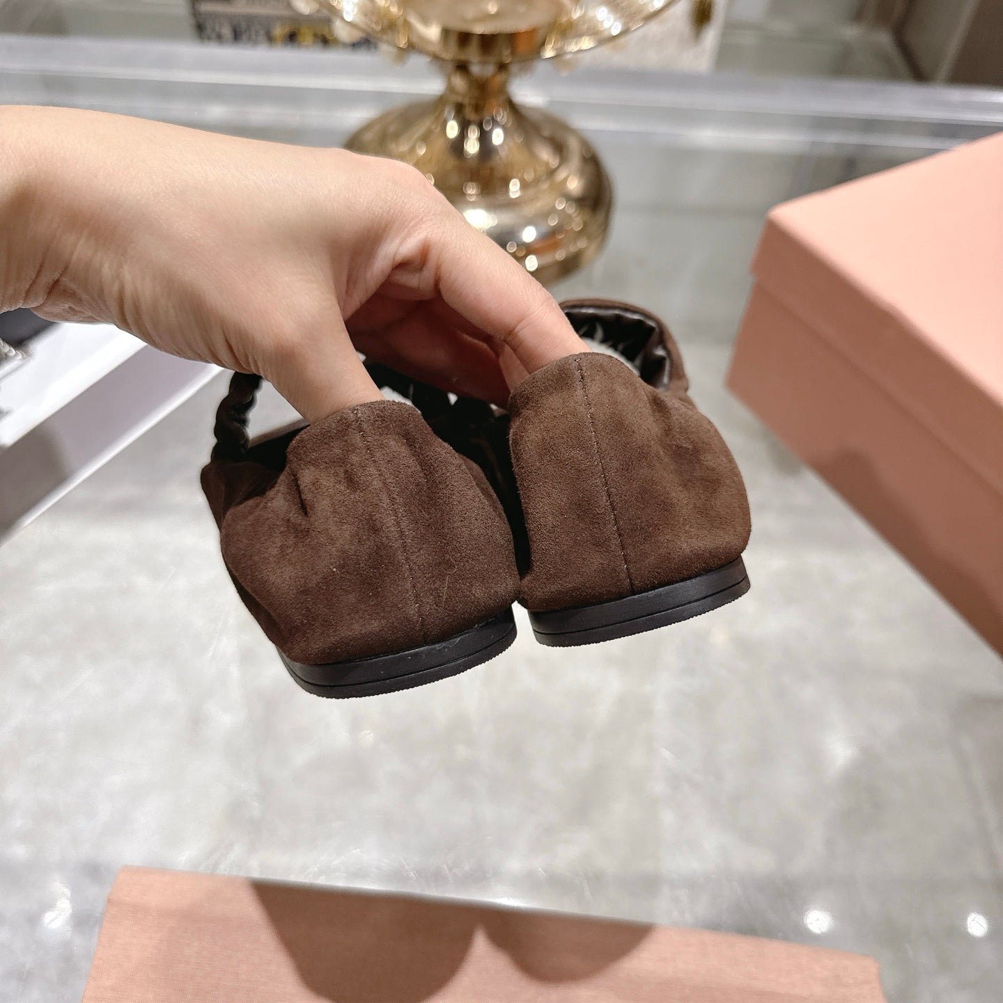 Miu 26s Mary Jane Flats In Dark Brown Suede Elastic Strap