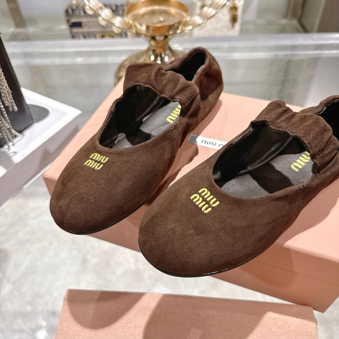 Miu 26s Mary Jane Flats In Dark Brown Suede Elastic Strap