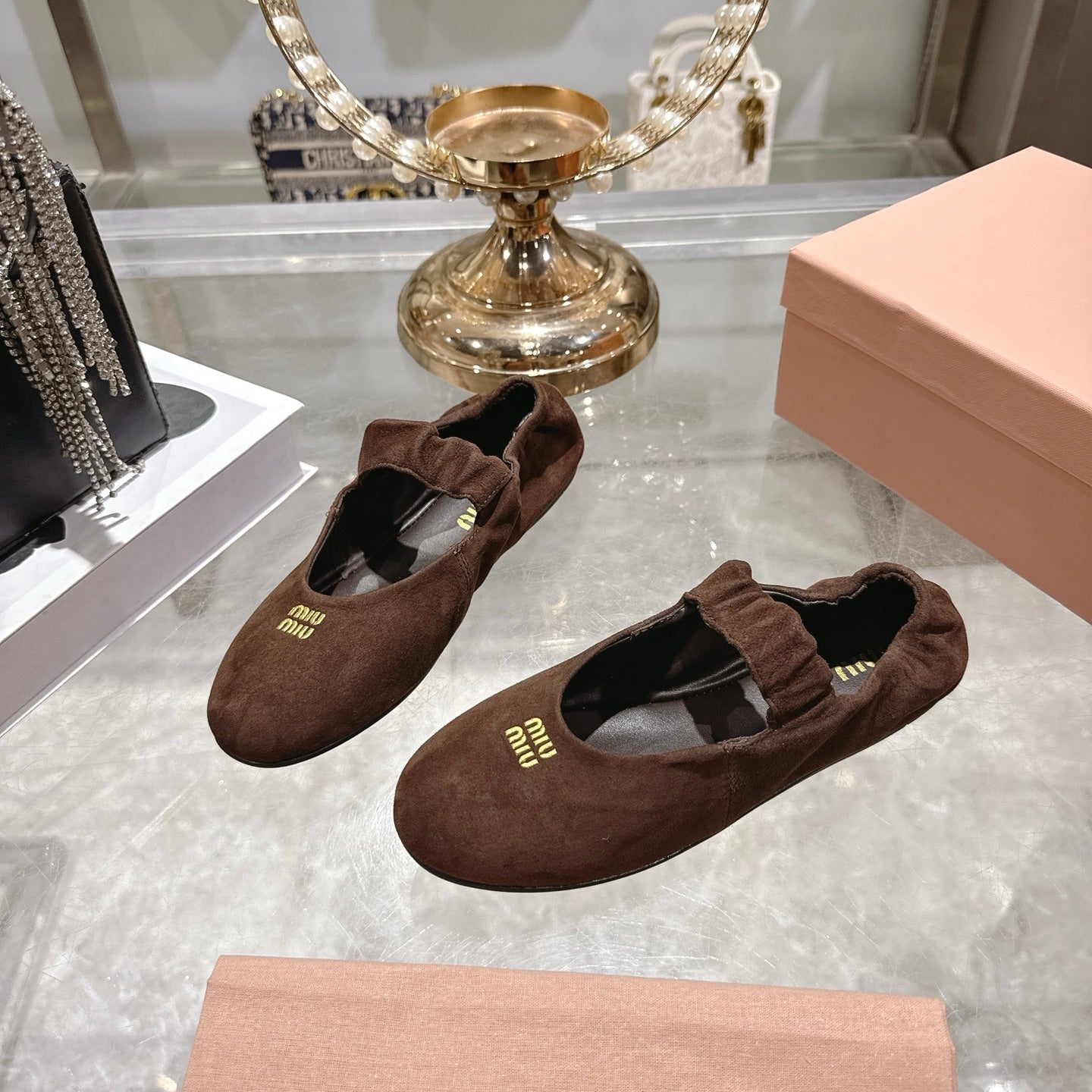 Miu 26s Mary Jane Flats In Dark Brown Suede Elastic Strap