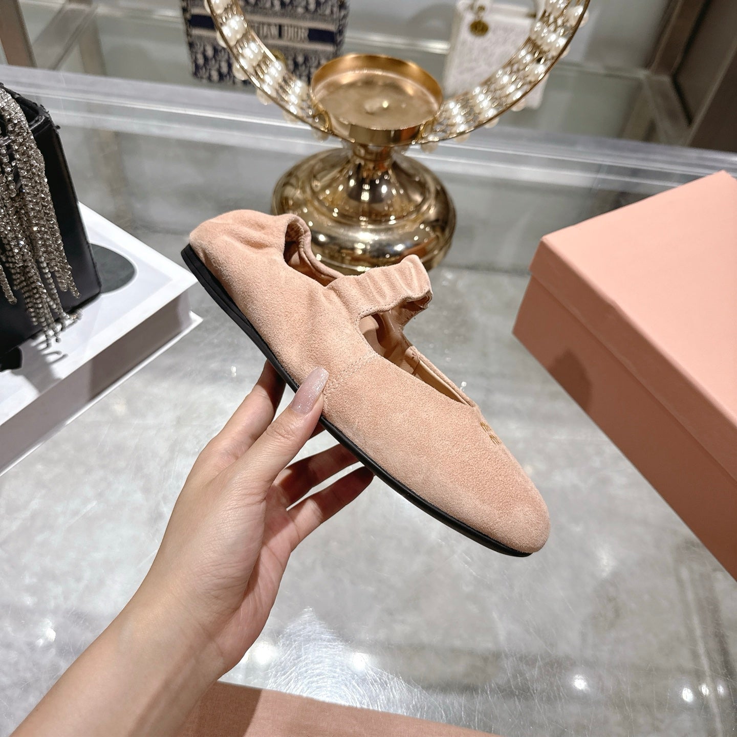Miu 26s Mary Jane Flats In Light Pink Suede Elastic Strap