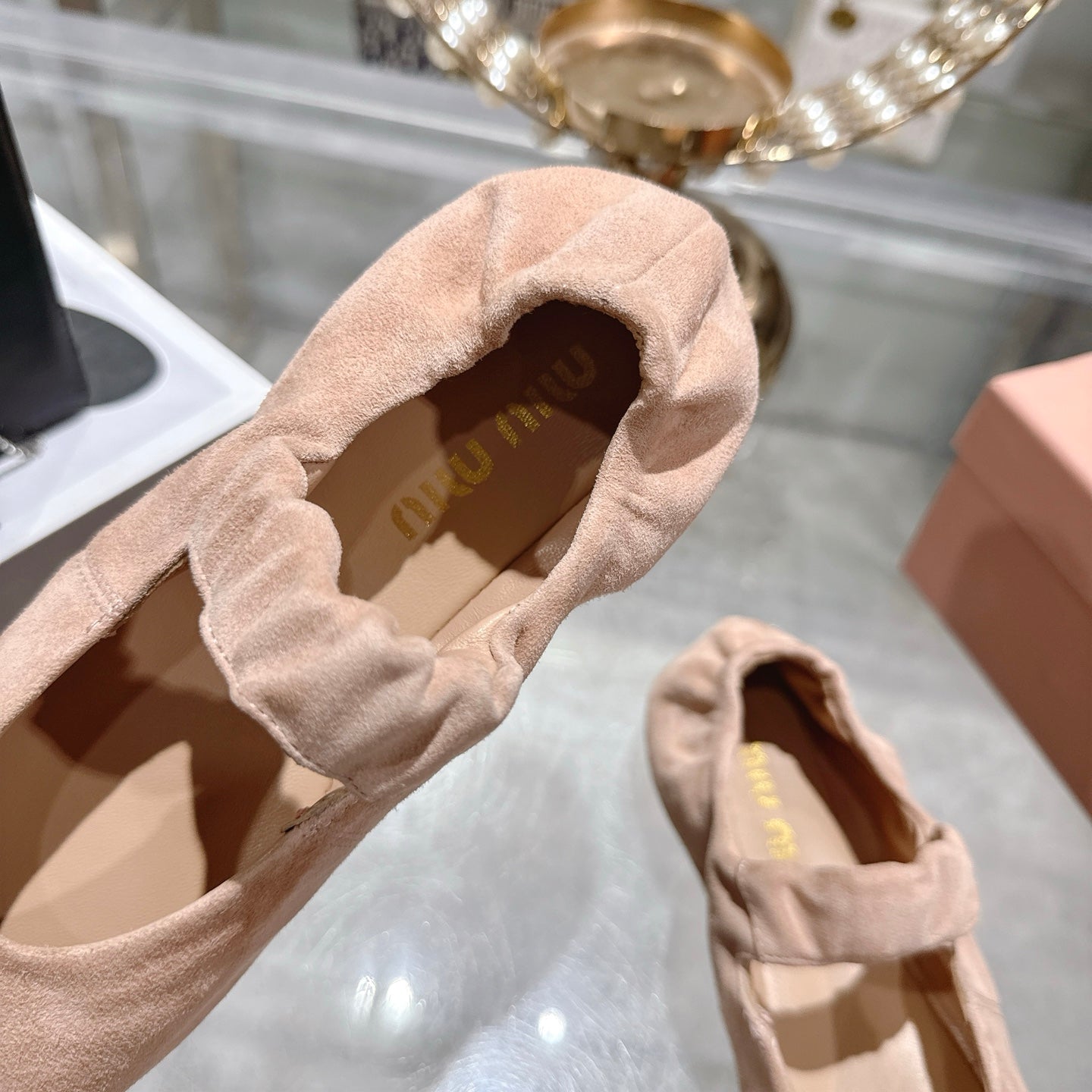 Miu 26s Mary Jane Flats In Light Pink Suede Elastic Strap