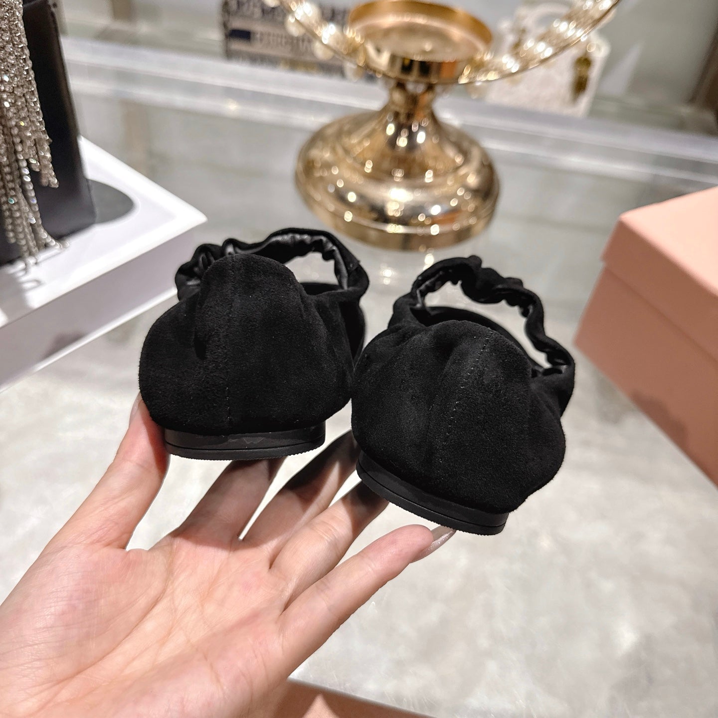 Miu 26s Mary Jane Flats In Black Suede Elastic Strap