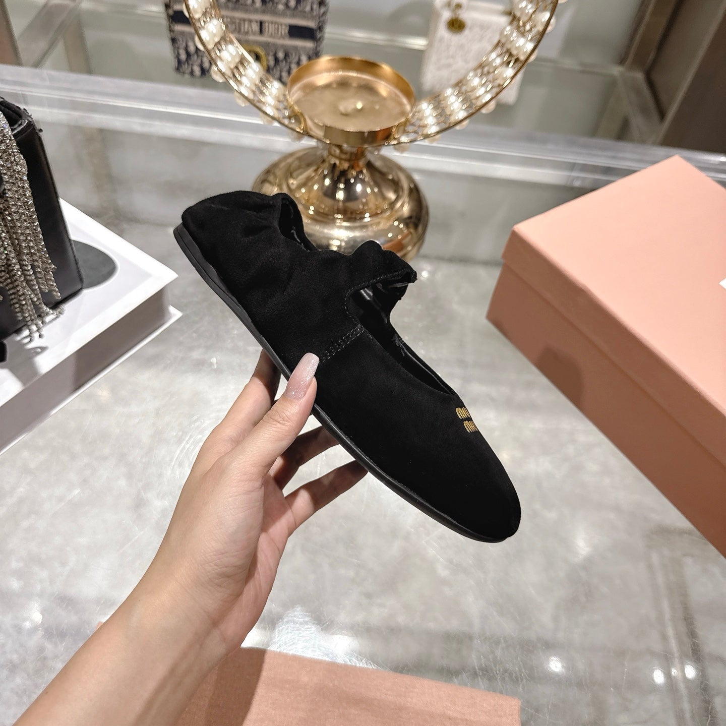 Miu 26s Mary Jane Flats In Black Suede Elastic Strap