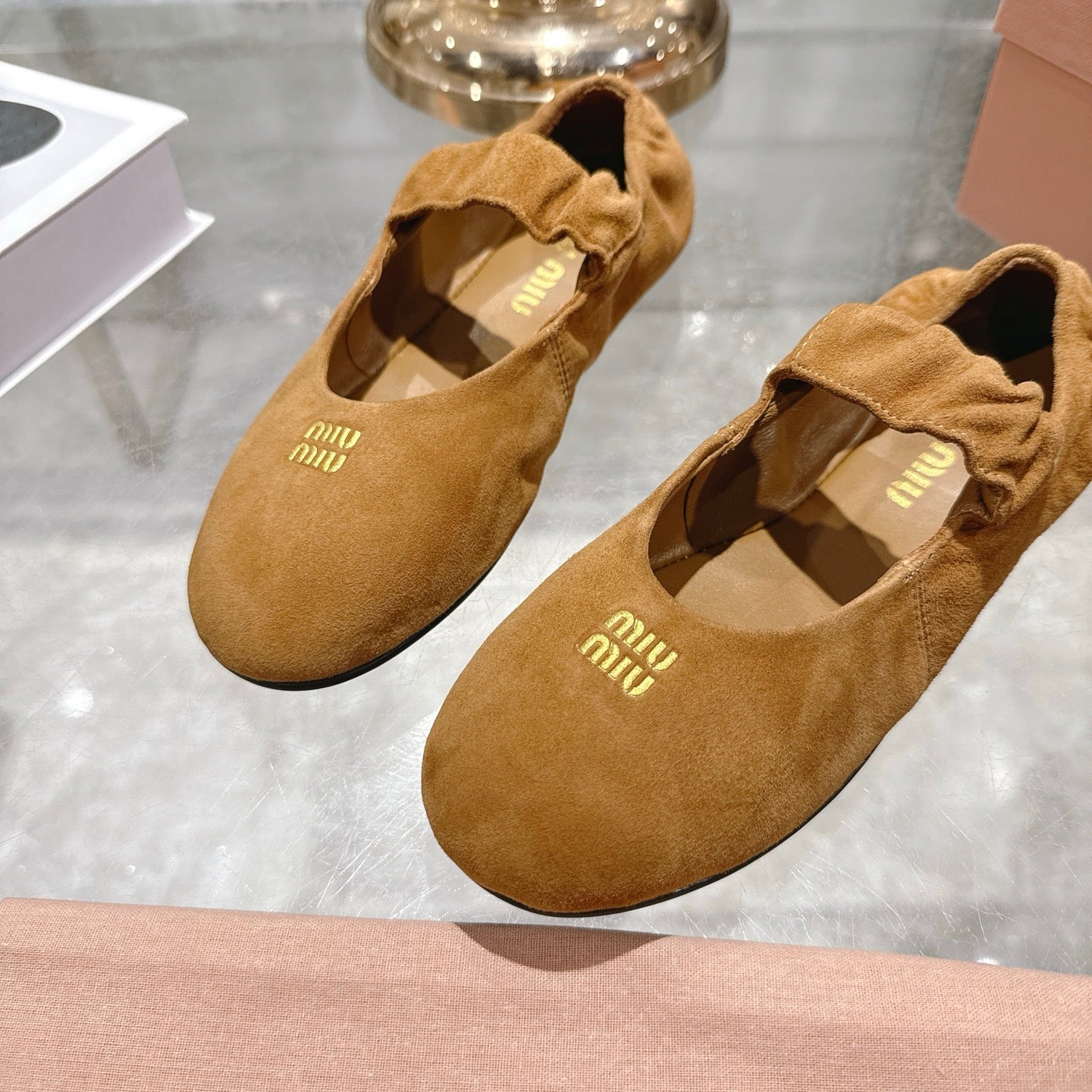 Miu 26s Mary Jane Flats In Brown Suede Elastic Strap