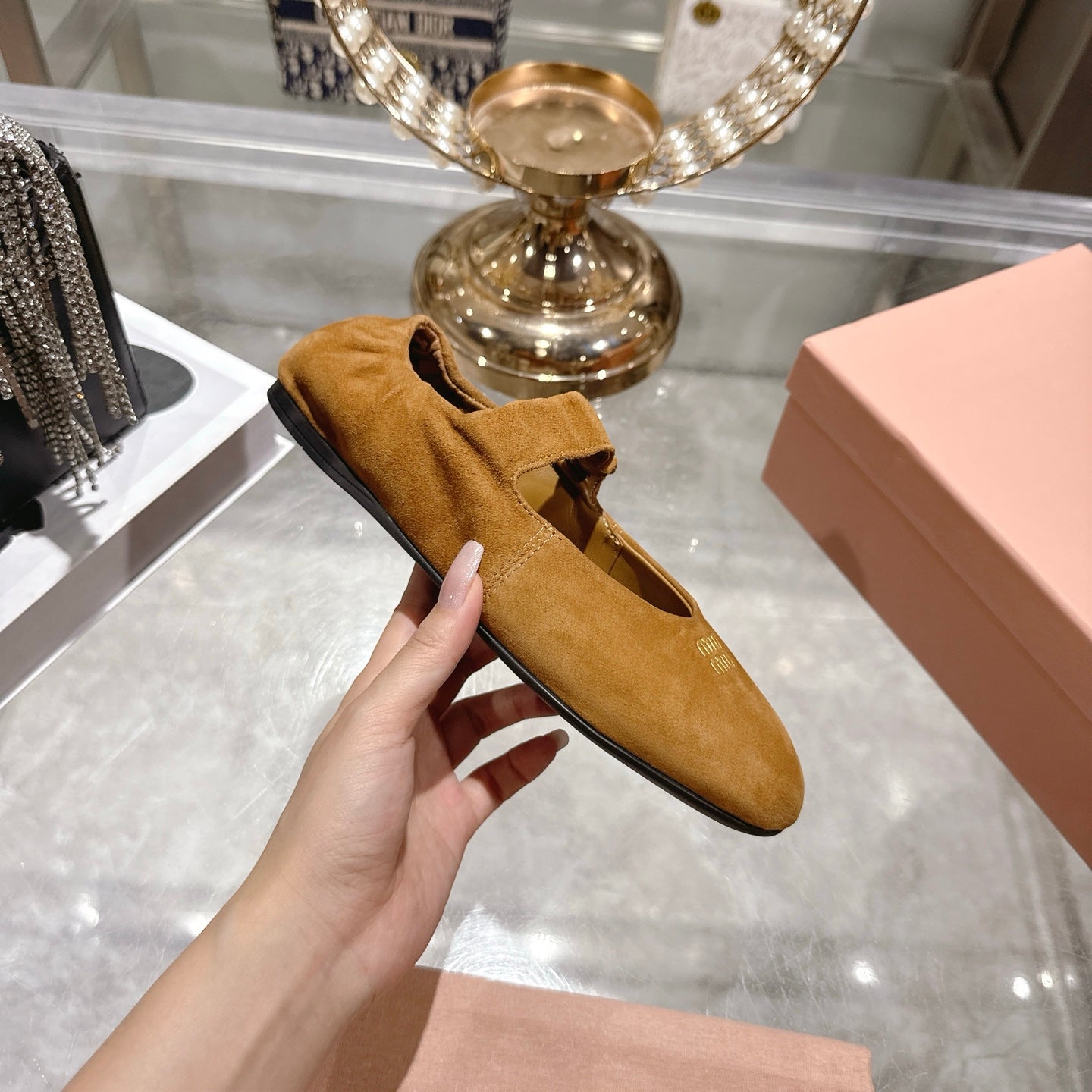 Miu 26s Mary Jane Flats In Brown Suede Elastic Strap