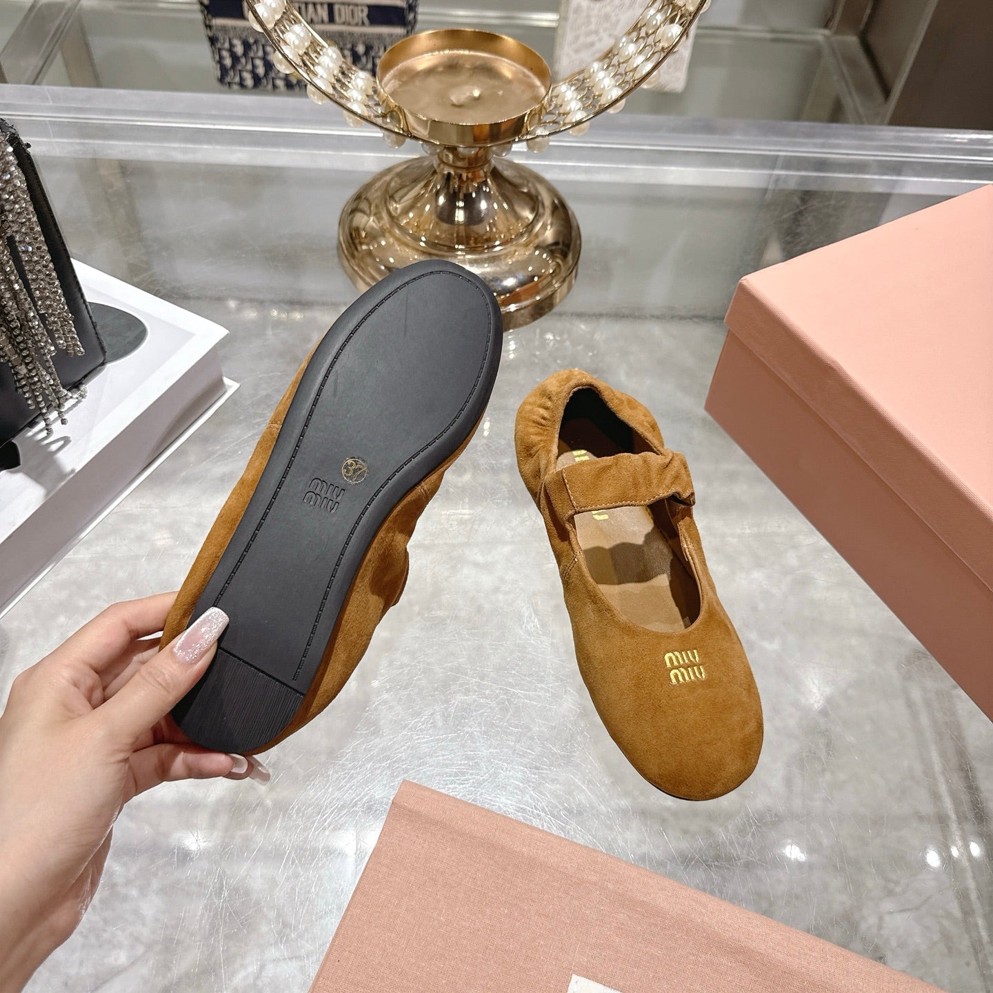 Miu 26s Mary Jane Flats In Brown Suede Elastic Strap