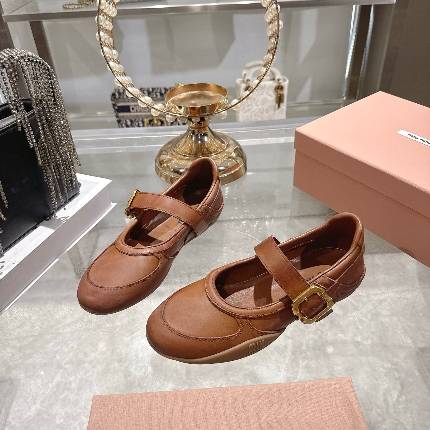 Miu 26s Gymnasium Ballerinas Brown Leather 679785