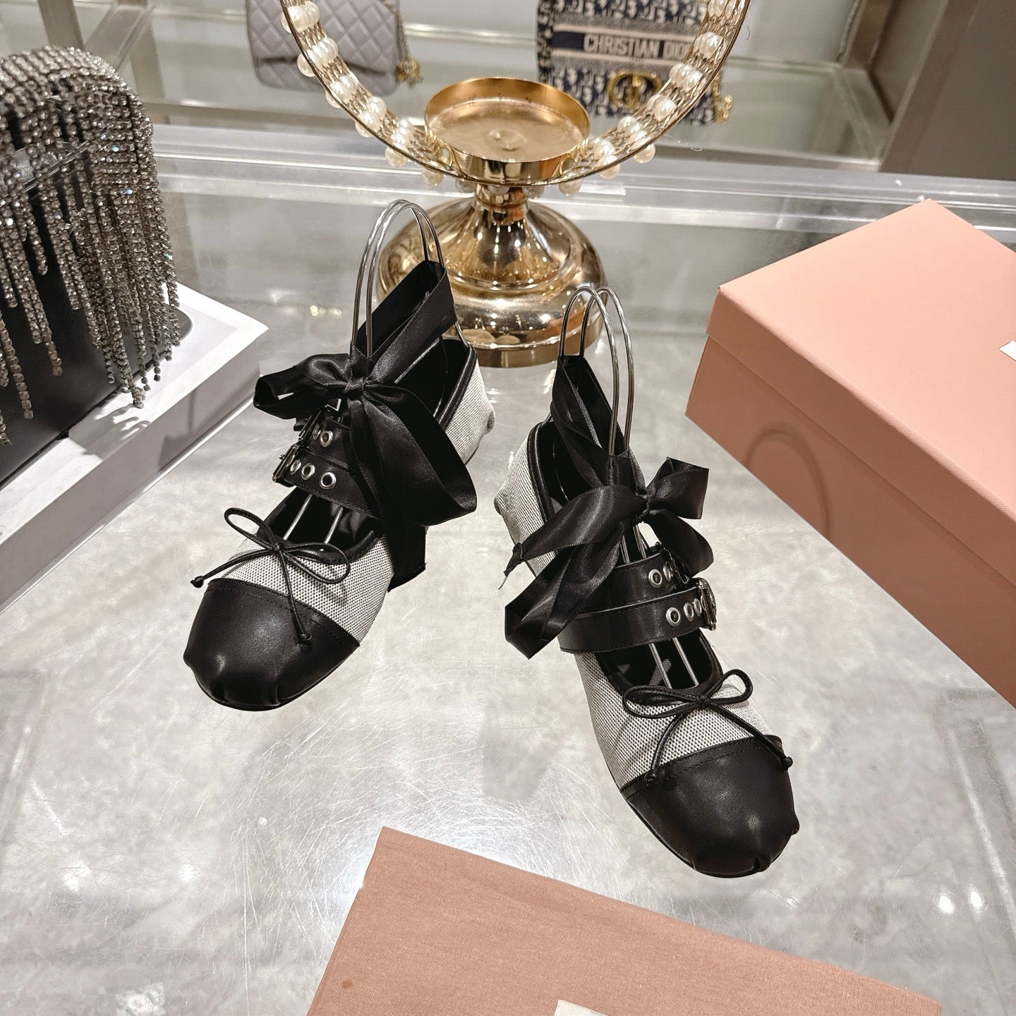 Miu 26s Ballerinas Beige Black Canvas Leather 679790