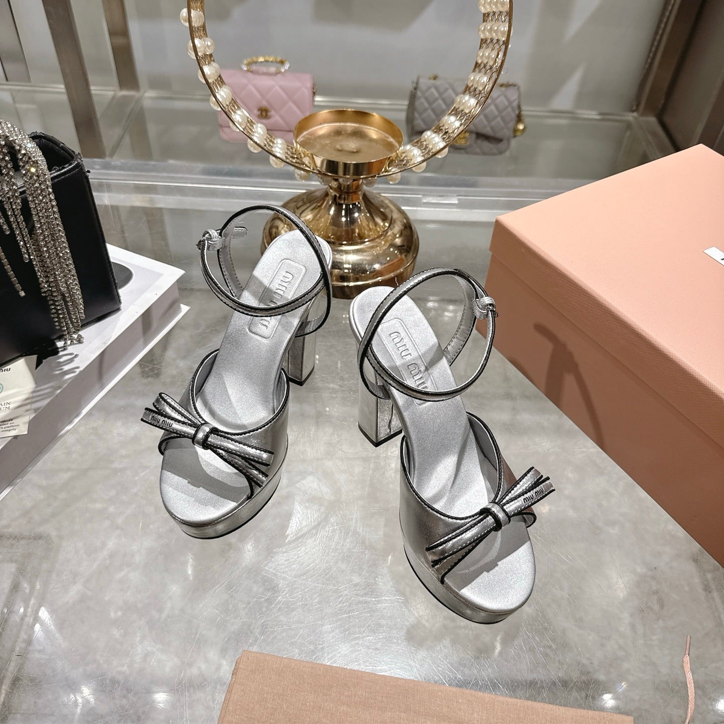 Miu Platform Sandal 12cm With Bow Sliver Leather 751320