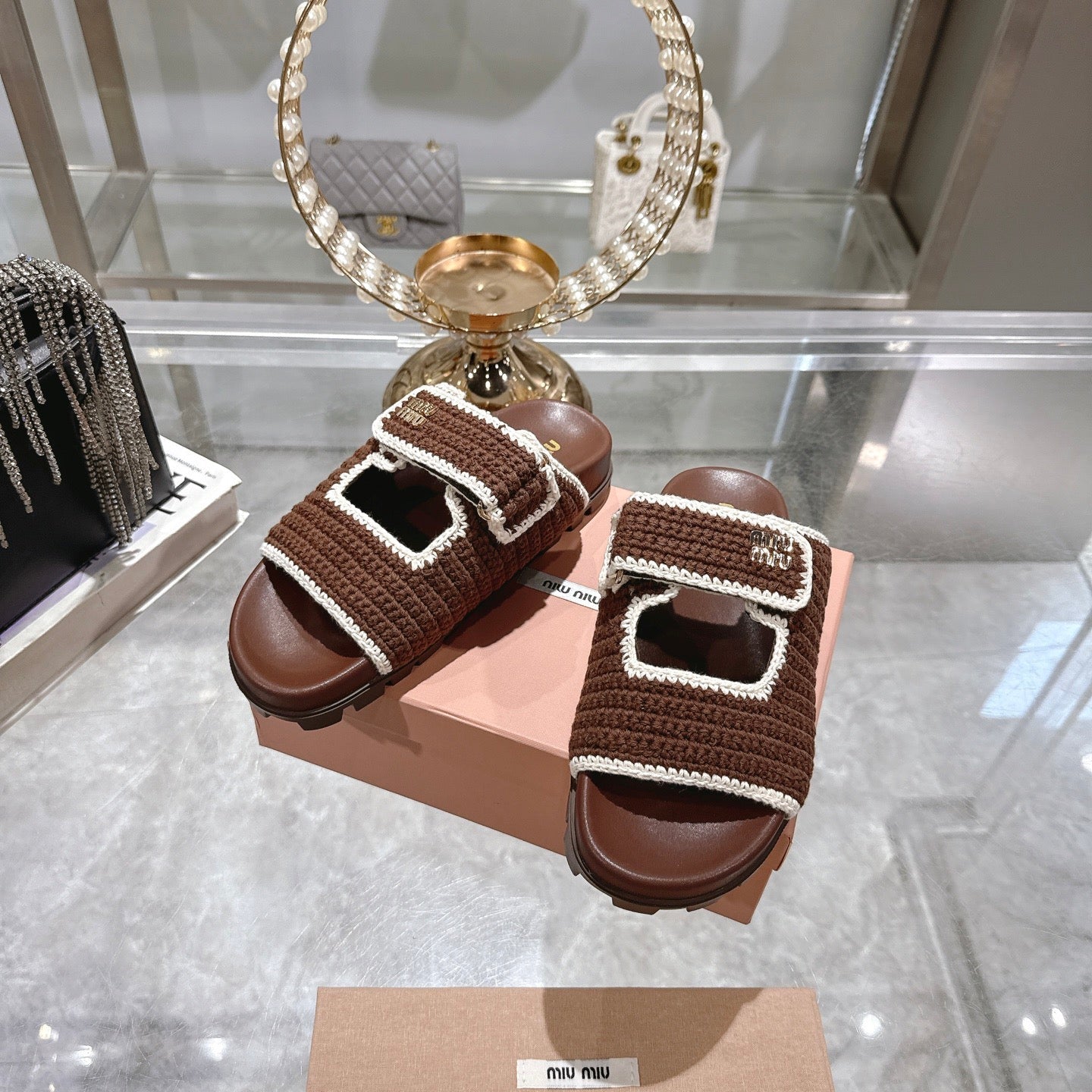 Miu Crochet Sandals Brown White Woven 751360