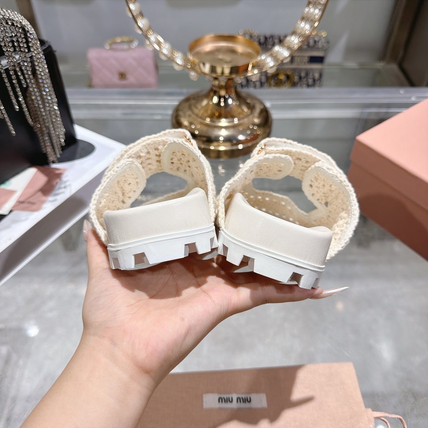 Miu Crochet Sandals Cream Woven 751363
