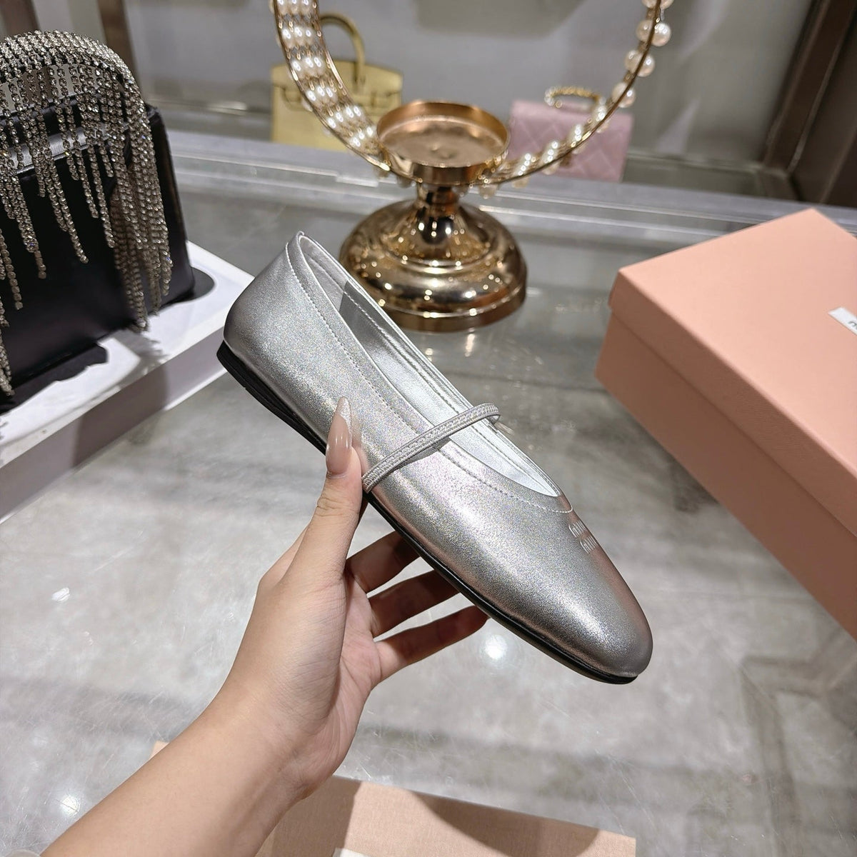 Miu Miu FW26 Ballerina Flats Silver Metallic 190464
