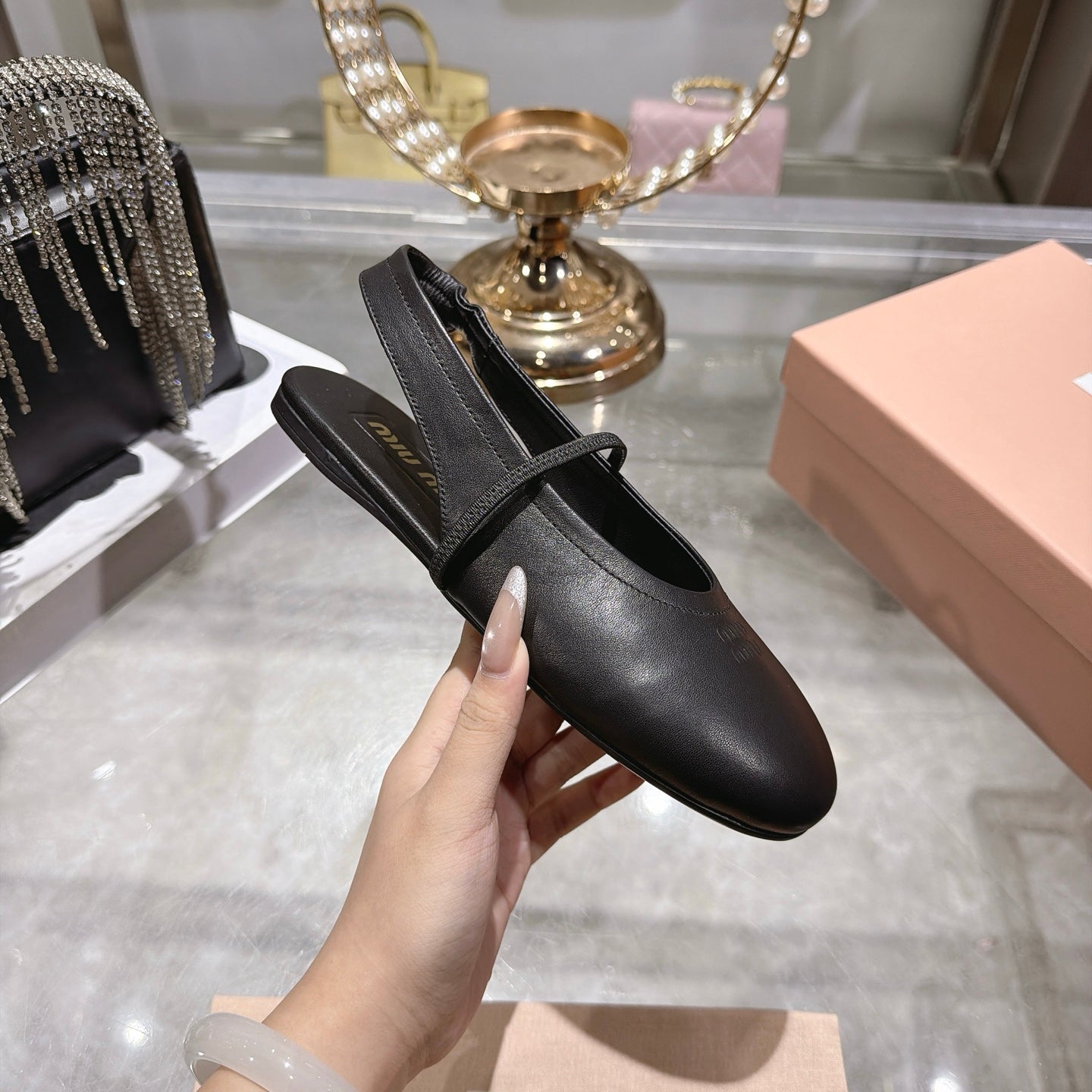 Miu Miu Slingback Flats Black Leather 901738