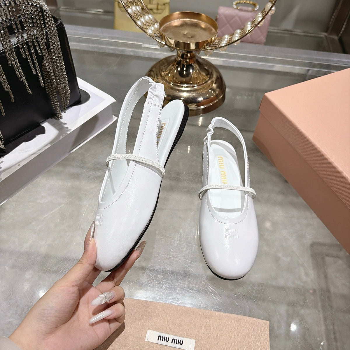 Miu Miu FW26 Ballerina Slingback Flats White Patent 190472