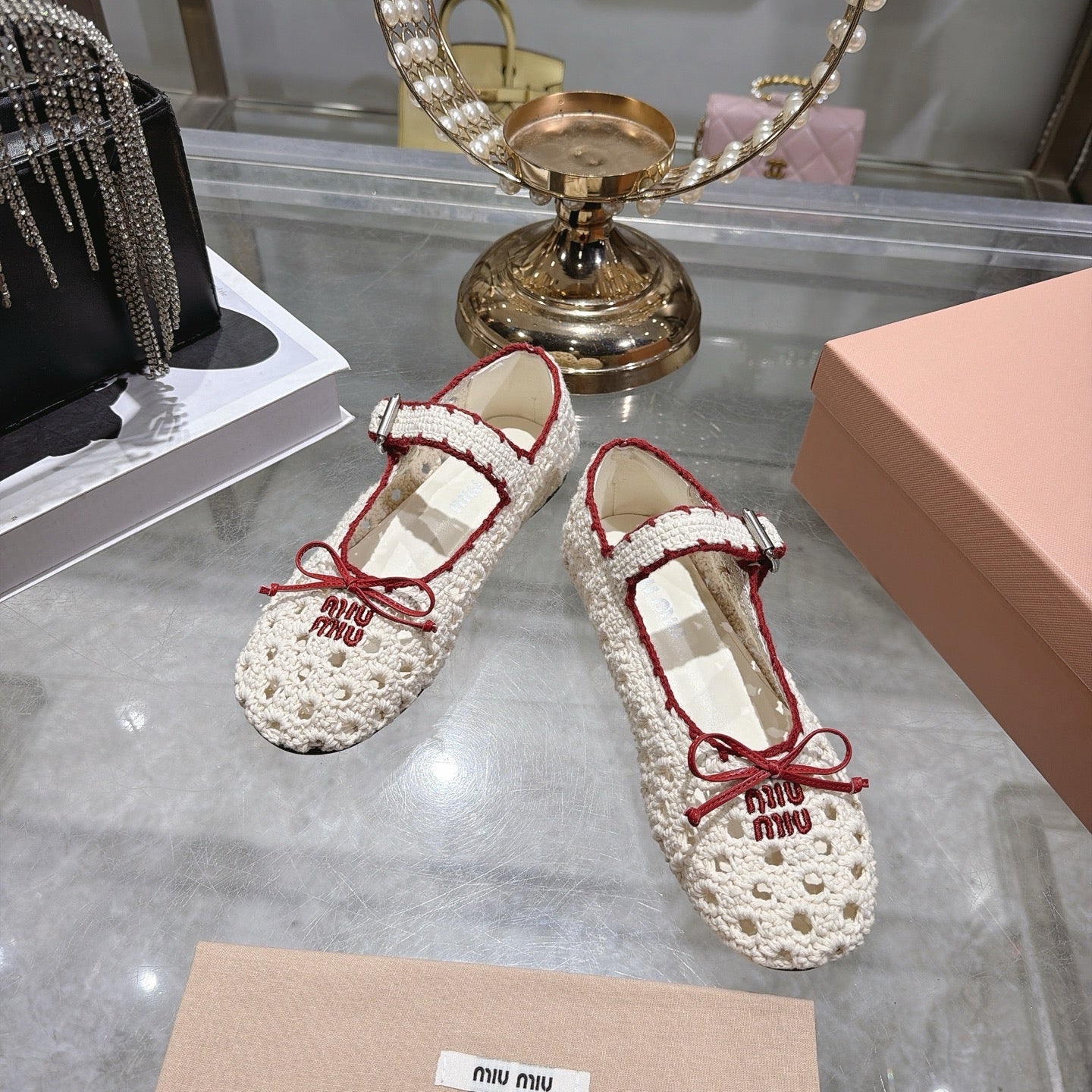 Miu Miu Crochet Ballerinas Cream Red Wool Leather 901741
