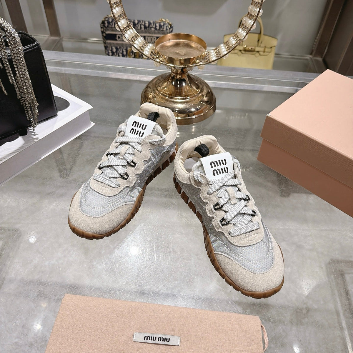 Miu 26s Tyre Sneakers Grey Cream Suede Technical Fabric 951528