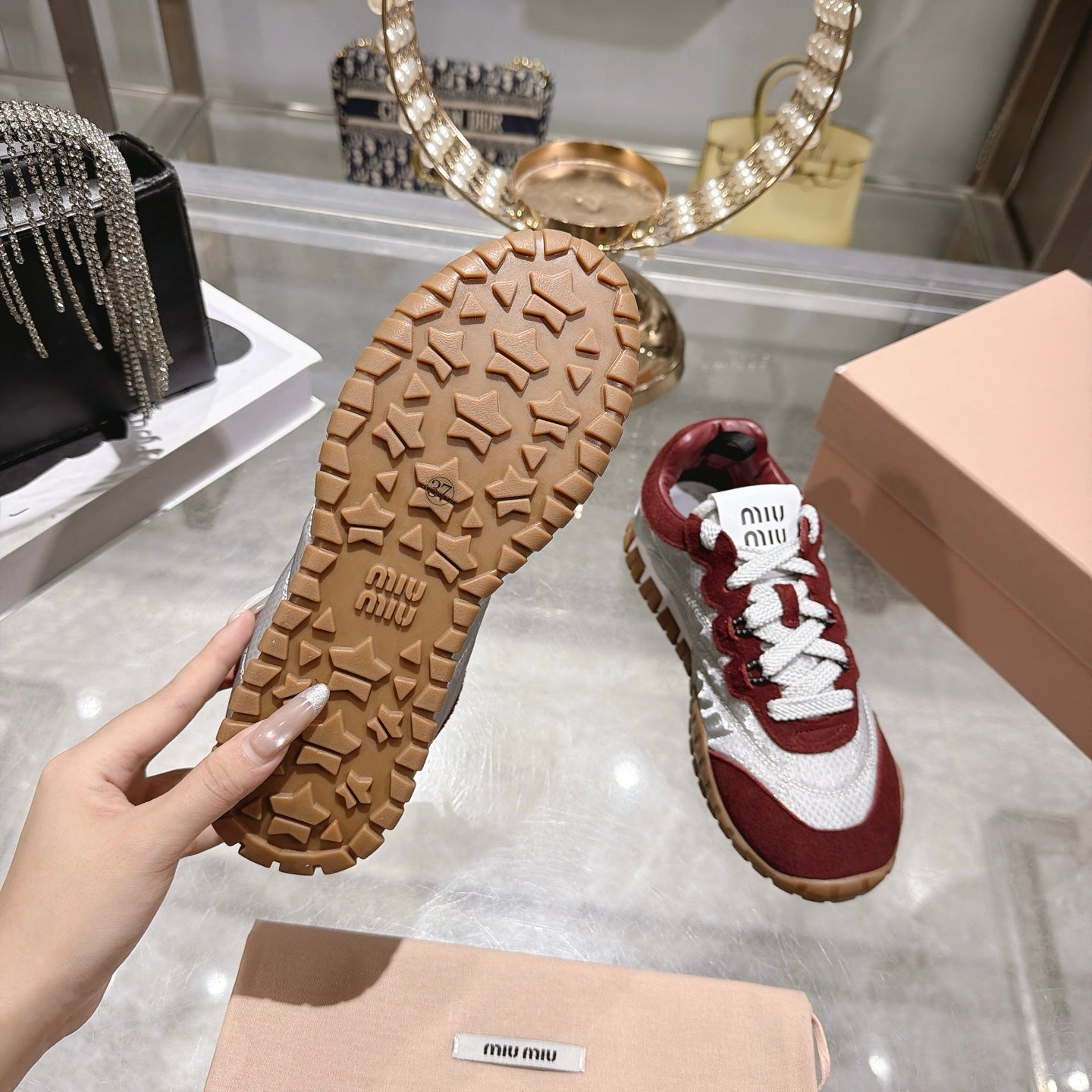 Miu 26s Tyre Sneakers Grey Burgundy Suede Technical Fabric 951529
