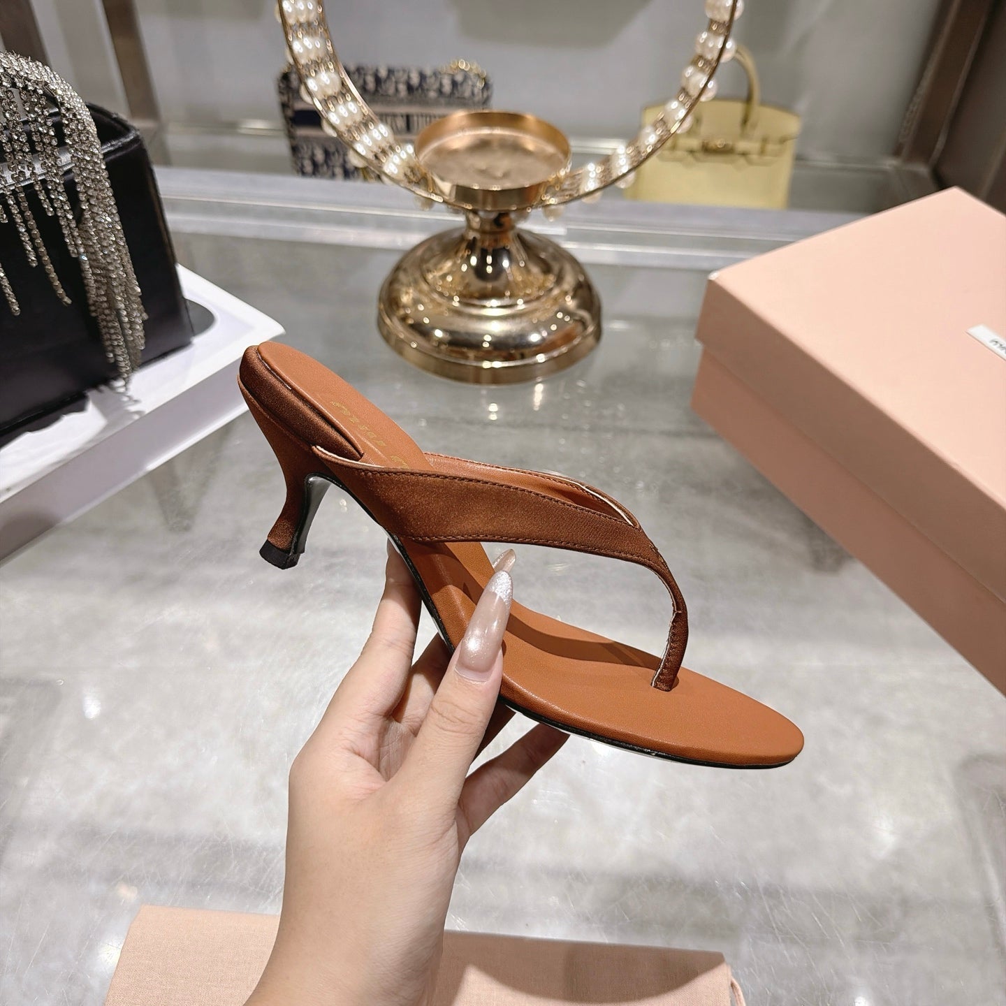 Miu 26s Thong Sandal 6.5cm Cacao Satin Leather 951526
